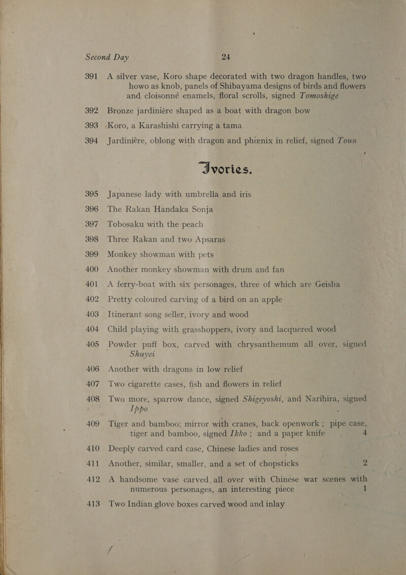 391 A silver vase, Koro shape decorated with two dragon handles, two howo as knob, panels of Shibayama designs of birds and flowers and cloisonné enamels, floral scrolls, signed Tomoshige 392 Bronze jardiniére shaped as a boat with dragon bow 393 Koro, a Karashishi carrying a tama 394 Jardiniére, oblong with dragon and phcenix in relief, signed Toun “Ivories. 395 Japanese lady with umbrella and iris 396 The Rakan Handaka Sonja 397 Tobosaku with the peach 398 Three Rakan and two Apsaras 399 Monkey showman with pets 400 Another monkey showman with drum and fan 401 A ferry-boat with six personages, three of which are Geisha 402 Pretty coloured carving of a bac on an apple 403 Itinerant song seller, ivory and wood | 404 Child playing with grasshoppers, ivory and lacquered wood 405 Powder puff box, carved with chrysanthemum all over, signed Shuyetr 406 Another with dragons in low relief 407 Two cigarette cases, fish and flowers in relief 408 Two more, sparrow dance, signed Shigeyosht, and Narihira, signed Ippo 409 Tiger and bamboo; mirror with cranes, back openwork ; pipe case, tiger and bamboo, signed Ikko ; and a paper knife 4 410 Deeply carved card case, Chinese ladies and roses  411 Another, similar, smaller, and a set of chopsticks . 2 412 A handsome vase carved.all over with Chinese war scenes with numerous personages, an interesting piece ! 1 413 Two Indian glove boxes carved wood and inlay 