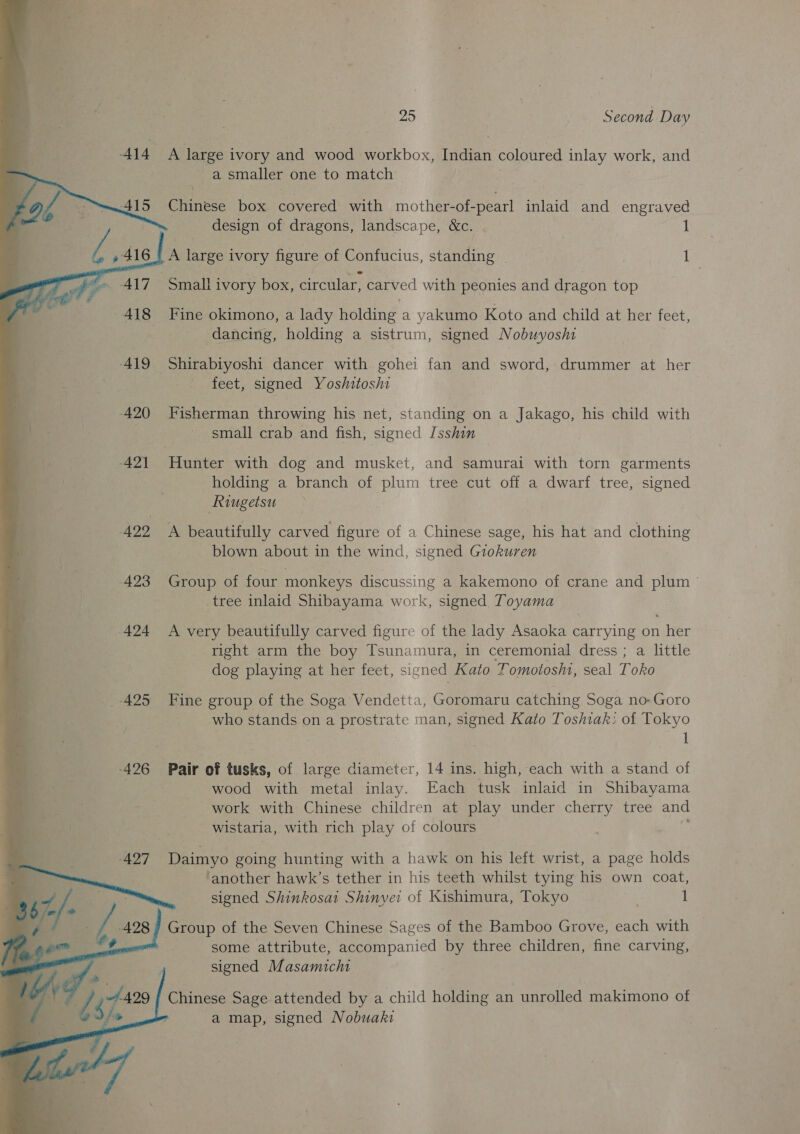 42] i 422 2 423 ‘i   25 : Second Day A large ivory and wood workbox, Indian coloured inlay work, and a smaller one to match Chinese box covered with mother-of-pearl inlaid and engraved design of dragons, landscape, &amp;c. 1 A large ivory figure of Confucius, standing le Fine okimono, a lady holding a yakumo Koto and child at her feet, dancing, holding a sistrum, signed Nobuyoshi Shirabiyoshi dancer with gohei fan and sword, drummer at her feet, signed Yoshitoshi Fisherman throwing his net, a on a Jakago, his child with small crab and fish, signed Isshin Hunter with dog and musket, and samurai with torn garments holding a branch of plum tree cut off a dwarf tree, signed Riugetsiu A beautifully carved figure of a Chinese sage, his hat and clothing blown about in the wind, signed Giokuren Group of four monkeys discussing a kakemono of crane and plum — tree inlaid Shibayama work, signed Toyama A very beautifully carved figure of the lady Asaoka carrying on her right arm the boy Tsunamura, in ceremonial dress ; a little dog playing at her feet, signed Kato Tomotosht, seal Toko Fine group of the Soga Vendetta, Goromaru catching Soga no- Goro who stands on a prostrate man, signed Kato Toshiak: of Tokyo NG ; Pair of tusks, of large diameter, 14 ins. high, each with a stand of wood with metal inlay. Each tusk inlaid in Shibayama work with Chinese children at play under cherry tree and wistaria, with rich play of colours Daimyo going hunting with a hawk on his left wrist, a page holds ‘another hawk’s tether in his teeth whilst tying his own coat, signed Shinkosat Shinvei of Kishimura, Tokyo 1 some attribute, accompanied by three children, fine carving, signed Masamicht Chinese Sage attended by a child holding an unrolled makimono of a map, signed Nobuaki