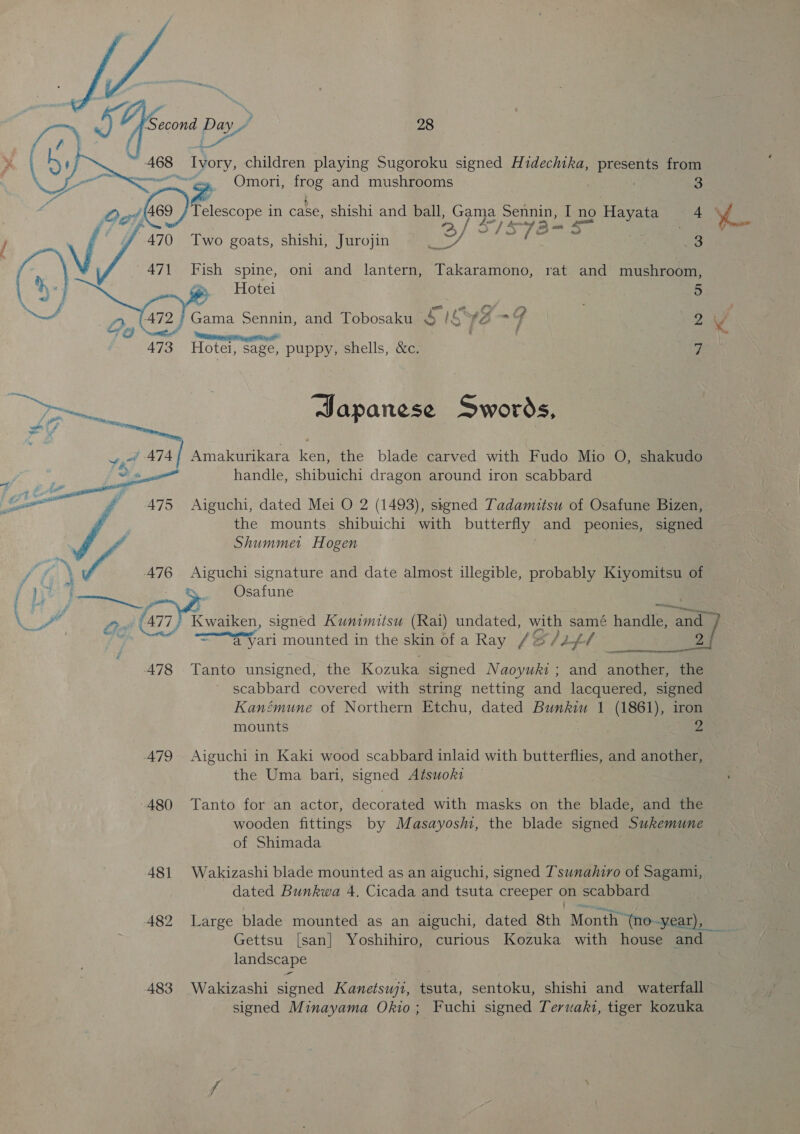     ( oly children playing Sugoroku signed Hidechtka, presen from Sere Omori, Oe and mushrooms 3 5 z elescope in case, shishi and ball, Gama Sennin, I no Hayata 4 ‘f ie &amp; 2, / oe Ss hewn 7é rs} onl SS i a . | 3 470 Two goats, shishi, Jurojin 471 fish spine, oni and lantern, Takaramono, rat and mushroom, Hotei | 5 472 / Gama Sennin, and Tobosaku a es) ay A 2 v4 é 473 Hotei, sage, puppy, shells, &amp;c. FOS ye Japanese Swords, We 474/ Amakurikara ken, the blade carved with Fudo Mio O, shakudo SL handle, shibuichi dragon around iron scabbard 475 Aiguchi, dated Mei O 2 (1493), signed Tadamitsu of Osafune Bizen, the mounts. shibuichi with butterily and peonies, signed  iA Shummer Hogen / f } | A76 Aiguchi signature and date almost illegible, probably Kiyomitsu of Hy ~ QOsafune f Se a we Pon (a7) Kean, signed Kunimitsu (Rai) undated, with samé handle, and , ¥ by 4yari mounted in the skin of a Ray /@/2 ff 478 Tanto unsigned, the Kozuka signed Naoyuki ; and RTE the scabbard covered with string netting and lacquered, signed Kanémune of Northern Etchu, dated Bunkiu 1 (1861), iron mounts | 2 A79 Aiguchi in Kaki wood scabbard inlaid with butterflies, and another, the Uma bari, signed Atsuokz ‘480 Tanto for an actor, decorated with masks on the blade, and the wooden fittings by Masayosm, the blade signed Sukemune of Shimada 481 Wakizashi blade mounted as an aiguchi, signed Tsunahiro of Sagami, dated Bunkwa 4. Cicada and tsuta creeper on scabbard 482 Large blade mounted as an aiguchi, dated Sth Month “those ade Gettsu [san] Yoshihiro, curious Kozuka with house and landscape 483 Wakizashi signed Kanetsuji, uta, sentoku, shishi and _ waterfall signed Minayama Okio; Fuchi signed Teruaki, tiger kozuka