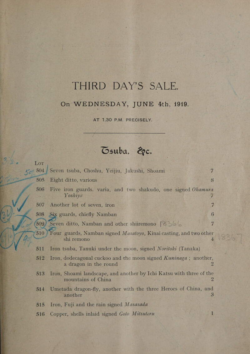 THIRD DAY’S SALE. On WEDNESDAY, JUNE 4th, 1919. AT 1.30 P.M. PRECISELY. Osuba, &amp;e.     Seven tsuba, Choshu, Yeijiu, Jakushi, Shoami 7 Bight ditto, various 8 506 Five iron guards. a and two shakudo, one signed Okamura Yoshiye 7 Another lot of seven, iron | A Six guards, chiefly Namban | 6 Seven ditto, Namban Be thet shiiremono |%*plo(. 7 Four guards, Namban signed Masatoyo, Kinai casting, and two other shi remono 4 Iron tsuba, Tanuki under the moon, signed Noritok: (Tanaka) Iron, dodecagonal cuckoo and the moon signed Kuninaga ; another, - a dragon in the round 2 Iron, Shoami landscape, and another by Ichi Katsu with three of the mountains of China 2 Umetada dragon-fly, another with the three Heroes of China, and another 3 Iron, Fuji and the rain signed Masasada Copper, shells inlaid signed Goto Mutsuteru 1