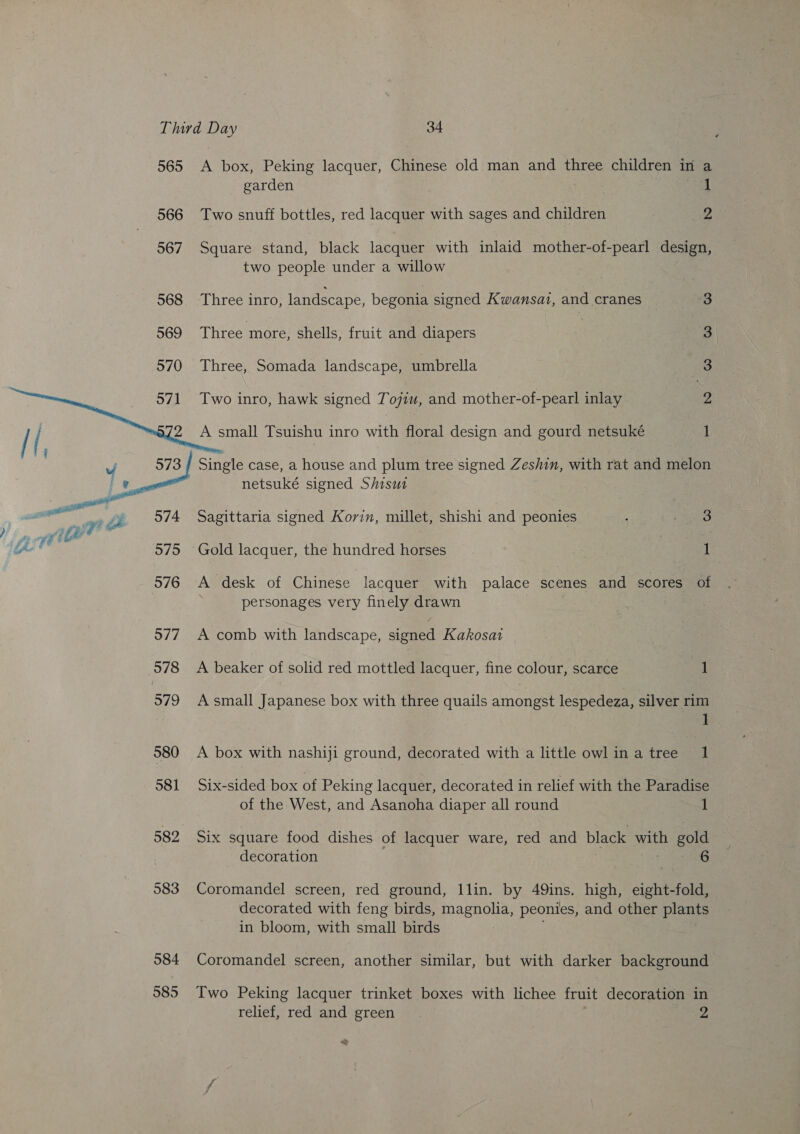 565 &lt;A box, Peking lacquer, Chinese old man and three children in a garden | 1 566 Two snuff bottles, red lacquer with sages and children 2 567 Square stand, black lacquer with inlaid mother-of-pearl design, two people under a willow 568 Three inro, landscape, begonia signed Kwansat, and cranes 3 569 Three more, shells, fruit and diapers 3 570 Three, Somada landscape, umbrella 3 571 Two inro, hawk signed Tojiu, and mother-of-pearl inlay Z A small Tsuishu inro with floral design and gourd netsuké 1 Single case, a house and plum tree signed Zeshin, with rat and melon netsuké signed Shisus Sagittaria signed Korvin, millet, shishi and peonies : we  Gold lacquer, the hundred horses | 1 576 A desk of Chinese lacquer with palace scenes and scores of personages very finely drawn 977 A comb with landscape, signed Kakosat 578 &lt;A beaker of solid red mottled lacquer, fine colour, scarce 1 979 Asmall Japanese box with three quails amongst lespedeza, silver rim 1 580 A box with nashiji ground, decorated with a little owl ina tree 1 581 Six-sided box of Peking lacquer, decorated in relief with the Paradise of the West, and Asanoha diaper all round 1 582 Six square food dishes of lacquer ware, red and black with gold decoration 6 583 Coromandel screen, red ground, llin. by 49ins. high, eight-fold, decorated with feng birds, magnolia, peonies, and other plants in bloom, with small birds 584 Coromandel screen, another similar, but with darker background 585 Two Peking lacquer trinket boxes with lichee fruit decoration in relief, red and green 2 os