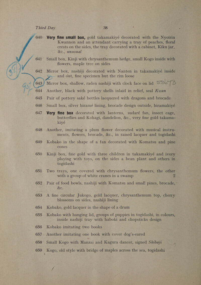 w 640 | 641 642  f 4 ay % Bs: Very fine small box, gold takamakiyé decorated with the Nyoirin Kwannon and an attendant carrying a tray of peaches, floral crests on the sides, the tray decorated with a cabinet, Kiku jar, &amp;c., unusual Small box, Kinji with chrysanthemum hedge, small Kogo inside with flowers, maple tree on sides Mirror box, nashiji decorated with Nanten in takamakiyé inside rae and out, fine specimen but the rim loose Mirror box, shallow, raden nashiji with clock face on lid sal73 Another, black with pottery shells inlaid in relief, seal Kwan Pair of pottery saké bottles lacquered ae dragons and brocade Small box, silver hiramé lining, brocade design outside, hiramakiyé Very fine box decorated with lanterns, sudaré fan, insect cage, butterflies and Kohagi, dandelion, &amp;c., very fine gold takama- kiyé Another, imitating a plum flower decorated with musical instru- ments, flowers, brocade, &amp;c., in raised lacquer and togidashi Kobako in the shape of a fan decorated with Komatsu and pine cones Kinji box, fine gold with three children in takamakiyé and ivory playing with toys, on the sides a bean plant and others in togidashi Two trays, one covered with chrysanthemum flowers, the other with a group of white cranes in a swamp 2 Pair of food bowls, nashiji with Komatsu and smal! pines, brocade, ° &amp;C. A fine circular Jukogo, gold lacquer, chrysanthemum top, cherry blossoms on sides, nashiji lining Kobako, gold lacquer in the shape of a drum Kobako with hanging lid, groups of puppies in togidashi, in colours, inside nashiji tray with haboki and chopsticks design Kobako imitating two books Another imitating one book with cover dog’s-eared Small Kogo with Manzai and Kagura dancer, signed Shibaji