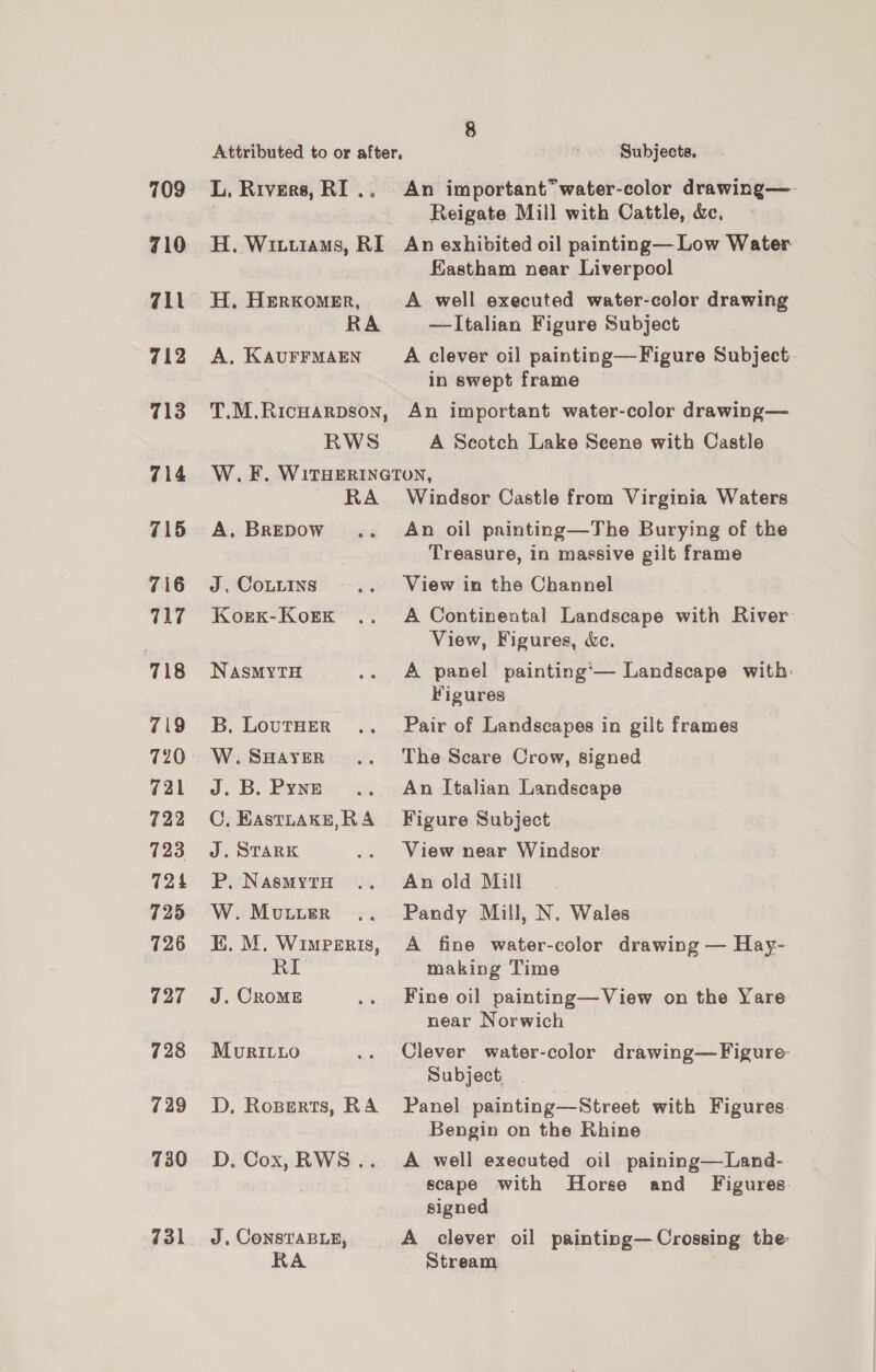 709 710 711 712 713 714 715 716 117 718 719 720 721 723 724 725 726 727 728 729 730 731 8 L. Rivers, RI .. H. Wituiams, RI H, HerKomer, RA A. KAUFFMAEN T.M.RicHARDSON, RWS An important™water-color drawing—. Reigate Mill with Cattle, &amp;, An exhibited oil painting— Low Water Eastham near Liverpool A well executed water-color drawing —lItalian Figure Subject A clever oil painting—Figure Subject. in swept frame An important water-color drawing— A Seotch Lake Seene with Castle RA A. Brepow J, CoLiiIns Kork-Kork NASMYTH B. LouTHER W. SHAYER J. B. Pyne C, EAstLAkE,RA J. STARK P. NasmMytH W. MutLuer K. M. WimpzRIs, RI J. CROME MuvRILLO D, Roperts, RA D, Cox, RWS .. J. ConsTABLE, RA Windsor Castle from Virginia Waters An oil painting—The Burying of the Treasure, in massive gilt frame View in the Channel A Continental Landscape with River View, Figures, Wc. A panel painting'— Landscape with. Figures Pair of Landscapes in gilt frames The Scare Crow, signed An Italian Landscape Figure Subject View near Windsor An old Mill Pandy Mill, N. Wales A fine water-color drawing — Hay- making Time Fine oil painting—View on the Yare near Norwich Clever water-color drawing—Figure- Subject Panel painting—Street with Figures. Bengin on the Rhine A well executed oil paining—Land- scape with Horse and Figures. signed A clever oil painting— Crossing the- Stream