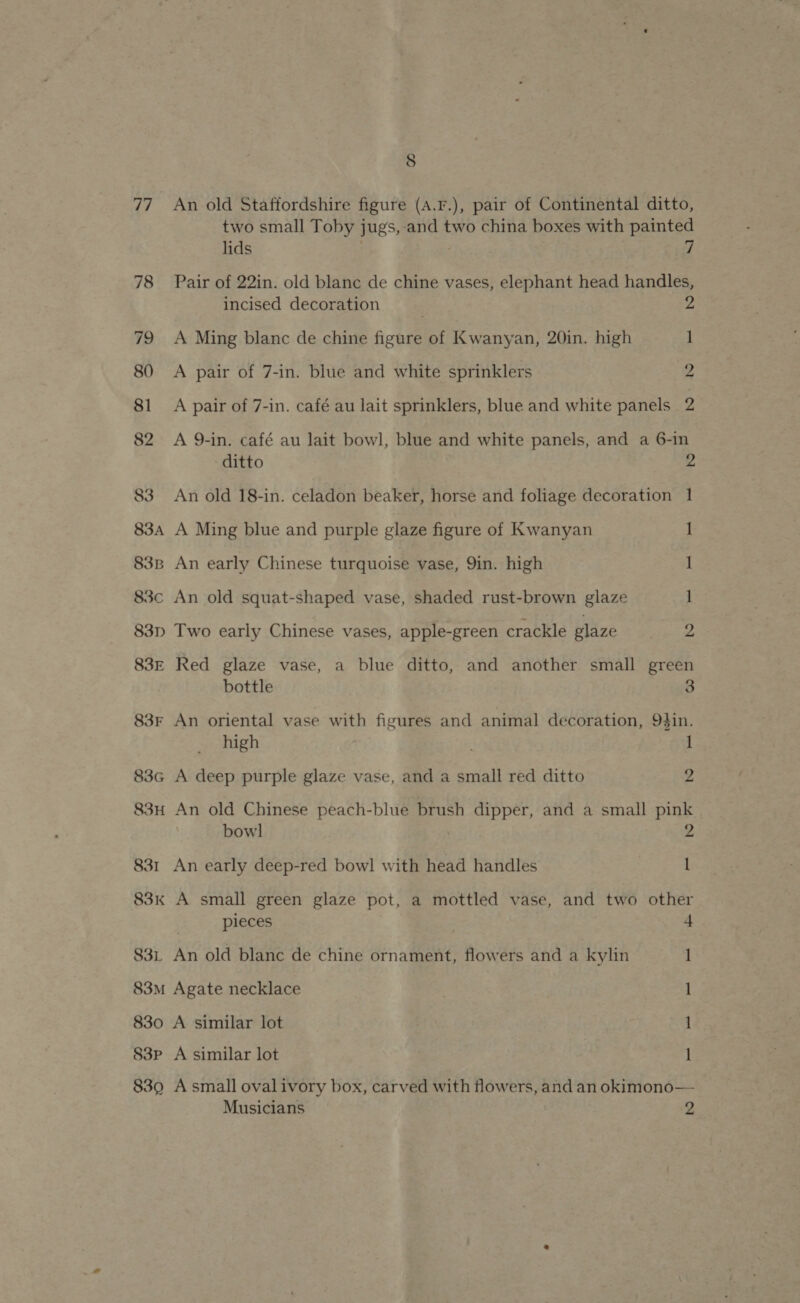 77 78 79 80 81 82 83 83A 83B 83c 83D 83E 83F 83cG 83H 831 83k 83L 83M 830 83P 839 8 An old Staffordshire figure (A.F.), pair of Continental ditto, two small Toby jugs, -and two china boxes with painted lids 7 Pair of 22in. old blane de chine vases, elephant head handles, incised decoration : 2 A Ming blanc de chine figure of Kwanyan, 20in. high 1 A pair of 7-in. blue and white sprinklers 2 A pair of 7-in. café au lait sprinklers, blue and white panels 2 A 9-in. café au lait bowl, blue and white panels, and a 6-in ditto 2 An old 18-in. celadon beaker, horse and foliage decoration 1 A Ming blue and purple glaze figure of Kwanyan 1 An early Chinese turquoise vase, 9in. high 1 An old squat-shaped vase, shaded rust-brown glaze 1 Two early Chinese vases, apple-green crackle glaze 2 Red glaze vase, a blue ditto, and another small green bottle 3 An oriental vase with figures and animal decoration, OFin. high 1 A deep purple glaze vase, and a small red ditto 2 An old Chinese peach-blue brush dipper, and a small pink bowl 2 An early deep-red bow! with head handles 1 A small green glaze pot, a mottled vase, and two other pieces 4 An old blanc de chine ornament, flowers and a kylin 1 Agate necklace | 1 A similar lot I A similar lot 1 A small ovalivory box, carved with flowers, and an okimono— Musicians 2