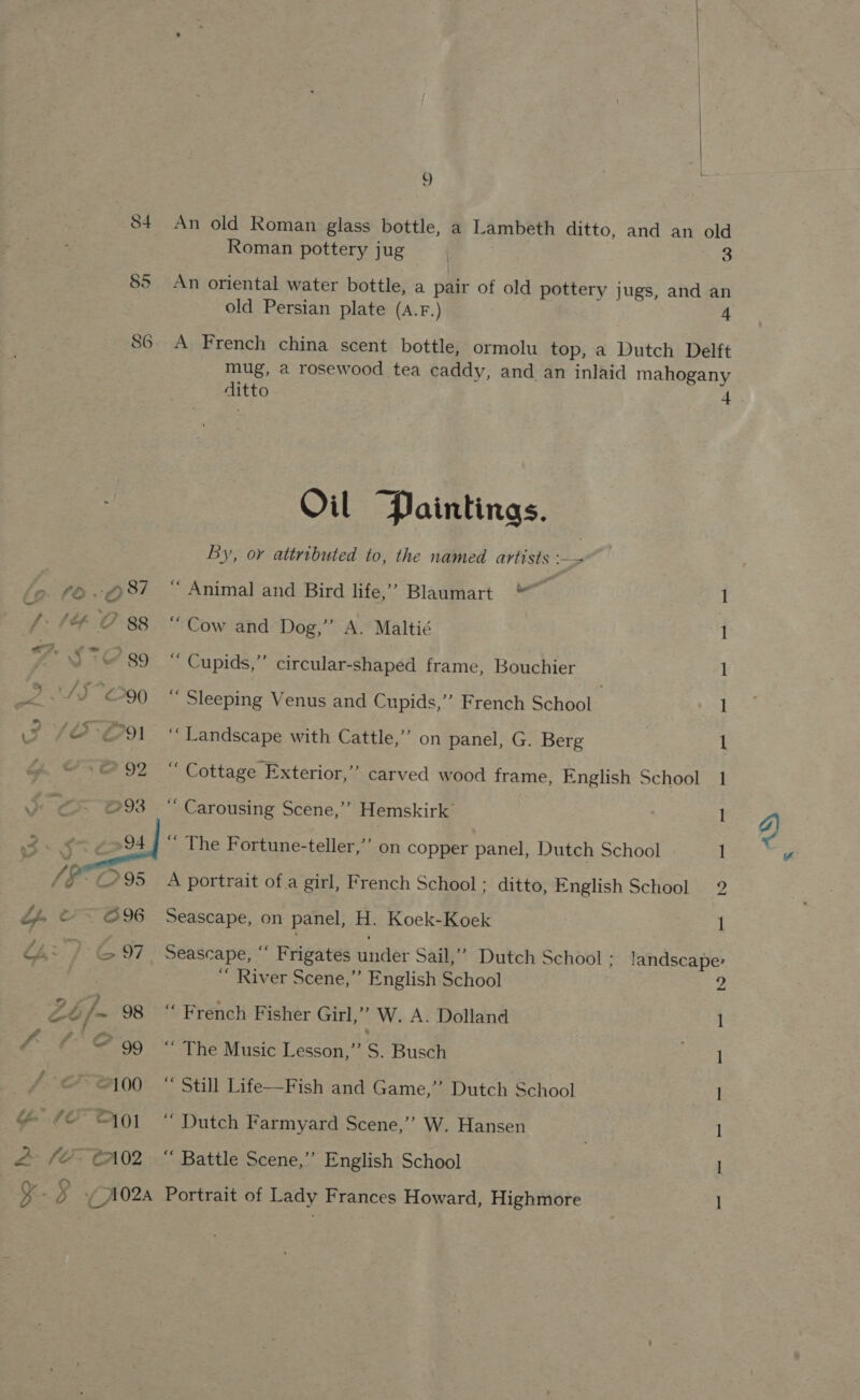 85 86 fe. fo -087 / 14 2 88 F $72 89 Y, SJ 200 ye /O 291 é 92 \ 293 ee ets [POD 95 Lp TBI Yao: J C87 ZG /~ 98 f° O99 100 Fife’ A401 2 (C- CA02 | An old Roman glass bottle, a Lambeth ditto, and an old Roman pottery jug | 3 An oriental water bottle, a pair of old pottery jugs, and an old Persian plate (A.r.) 4 A French china scent bottle, ormolu top, a Dutch Delft mug, a rosewood tea caddy, and an inlaid mahogany ditto + Oil Paintings. By, or attributed to, the named artists —— “ Animal and Bird life,” Blaumart “~ 1 “ Cow and Dog,’ A. Maltié 1 “ Cupids,”’ circular-shaped frame, Bouchier 1 “ Sleeping Venus and Cupids,’’ French School . I ‘Landscape with Cattle,’’ on panel, G. Berg | zs Cottage Exterior,” carved wood frame, English School 1 ‘“ Carousing Scene,’ Hemskirk’ ; 1 The Fortune-teller,’’ on copper panel, Dutch School 1 A portrait ofa girl, French School ; ditto, English School 2 Seascape, on panel, H. Koek-Koek 1 Seascape, “‘ F rigates under Sail,” Dutch School; landscape ‘’ River Scene,” English School 2 “ French Fisher Girl,” W. A. Dolland 1 ‘“ The Music Lesson,” S. Busch eat “ Still Life—Fish and Game,”’ Dutch School ] ‘ Dutch Farmyard Scene,’ W. Hansen 1 “ Battle Scene,’’ English School |