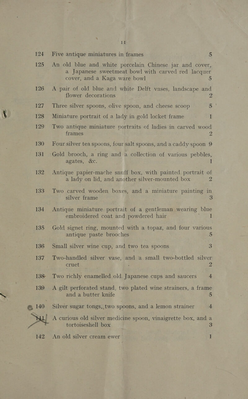 133 134 TI Five antique miniatures in frames : 5 An old blue and white porcelain Chinese jar and cover, a Japanese sweetmeat bowl with carved red lacquer cover, and a Kaga ware bowl 5 A pair of old blue and white Delft vases, landscape and flower decorations z Three silver spoons, olive spoon, and cheese scoop 5 Miniature portrait of a lady in gold locket frame 1 Two antique miniature portraits of ladies in carved wood frames 2 Four silver tea spoons, four salt spoons, and a caddy spoon 9: Gold brooch, a ring and a collection of various pebbles, agates, &amp;c. 1 Antique papier-mache snuff box, with painted portrait of a lady on lid, and another silver-mounted box yi Two carved wooden boxes, and a miniature painting in silver frame : Antique miniature portrait of a gentleman wearing blue embroidered coat and powdered hair I] antique paste brooches 5 Small silver wine cup, and two tea spoons 3 Two-handled silver vase, and a.small two-bottled silver cruet,, _ . re Two richly enamelled old Japanese cups and saucers 4 A gilt perforated stand, two plated wine strainers, a frame and a butter knife 5 Silver sugar tongs, two spoons, and a lemon strainer 4 A curious old silver medicine spoon, vinaigrette box, and a tortoiseshell box 3 An old silver cream ewer I