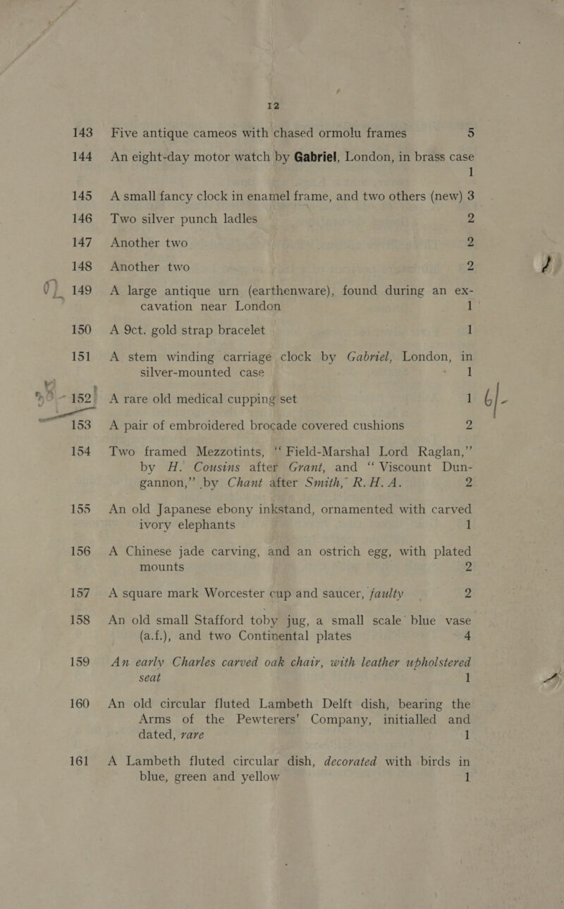 cy 155 156 157 158 159 160 161 12 Five antique cameos with chased ormolu frames 5 An eight-day motor watch by Gabriel, London, in brass case 1 Two silver punch ladles 2 Another two 2 Another two 2 A large antique urn (earthenware), found during an ex- cavation near London 1 A 9ct. gold strap bracelet 1 A stem winding carriage clock by Gabmel, London, in silver-mounted case ee | A rare old medical cupping set 1 A pair of embroidered brocade covered cushions 2 Two framed Mezzotints, “‘ Field-Marshal Lord Raglan,” by H. Cousins after Grant, and “ Viscount Dun- gannon,” by Chant after Smith, R.H. A. 2 An old Japanese ebony inkstand, ornamented with carved ivory elephants 1 A Chinese jade carving, and an ostrich egg, with plated mounts 2 A square mark Worcester cup and saucer, faulty. 2 An old small Stafford toby jug, a small scale blue vase (a.f.), and two Continental plates 4 An early Charles carved oak chair, with leather whholstered seat 1 An old circular fluted Lambeth Delft dish, bearing the Arms of the Pewterers’ Company, initialled and dated, vare 1 A Lambeth fluted circular dish, decorated with birds in blue, green and yellow 1