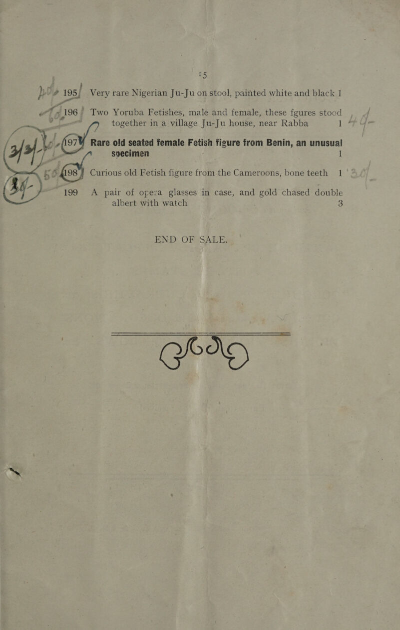 e. 7 ! pee 195) Very rare Nigerian Ju-Ju on stool, painted white and black 1 all “196 | Two Yoruba Fetishes, male and female, these fgures stood i together in a village Ju-Ju house, near Rabba 14 fii a / le £ Rare old seated female Fetish figure from Benin, an unusual | [Lee specimen 1 =< rs es Curious old Fetish figure from the Cameroons, bone teeth 1 {Sxy7.\~ (Gt) ~ 199 <A pair of opera glasses in case, and gold chased double albert with watch ' 3   END OPsSALE;