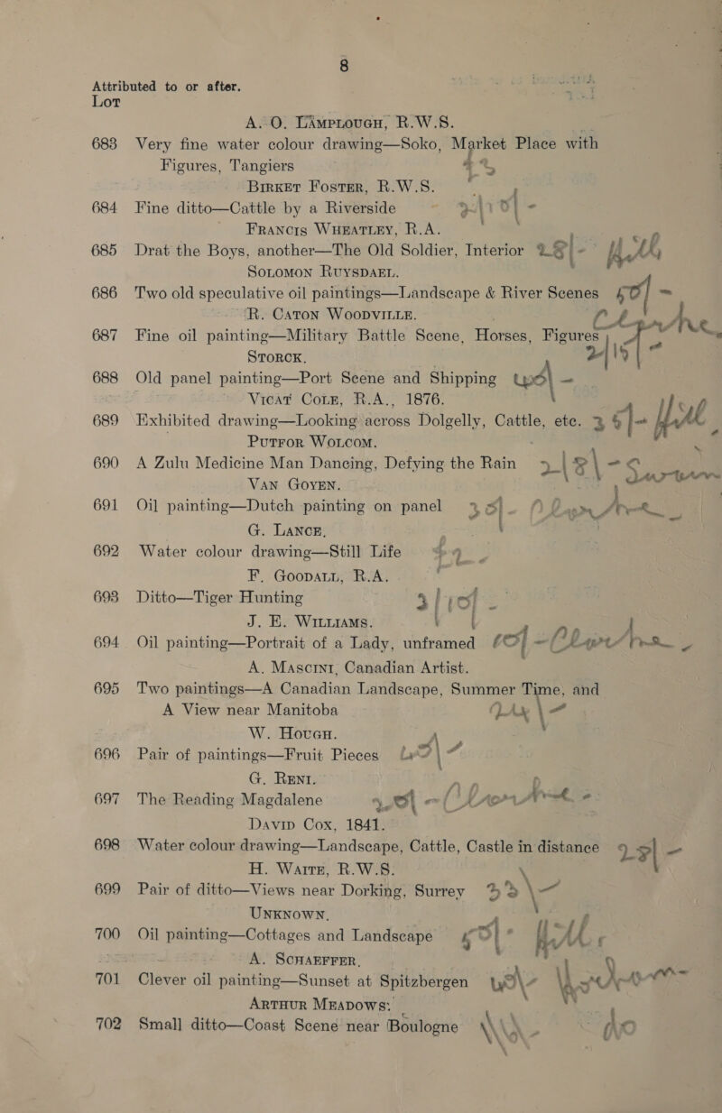 683 684 685 686 687 688 689 690 691 692 693 694 695 696 697 698 699 700 702 A.O. EAmprover, R.W.S. Very fine water colour drawing—Soko, a Bie Place with Figures, Tangiers P'S Brirxer Foster, R.W.S. + Fine ditto—Cattle by a Riverside 1 o| % Francis WHEATLEY, R.A. Drat the Boys, another—The Old Soldier, Interior 18 |- AMG SoLOMON RUYSDAEL. Two old speculative oil paintings—Landscape &amp; River Scenes ee R. Caton WooDvitte. ; Fine oil painting—Military Battle Scene, Horses: rides oa STORCK. 1I5 Old panel painting—Port Scene and Shipping wwo| - el’ Viead Corn; RA,” 1876; e : Exhibited drawing—Looking across Dolgelly, Cattle, ete. 3 ¢|- fe Putror Wo.com. A Zulu Medicine Man Dancing, Defying the Rain 2-|8 =\ -o Van GOYEN. Oil painting—Dutch painting on panel % = o tie 49 ao rR G. LANCE, ae Water colour drawing—Still Life = F. Goopatn, R.A. ay Ditto—Tiger Hunting 3) J. KE. WituiaMs. yo sf 1D ' Oil painting—Portrait of a Lady, unframed CS} = : Ae = A. Mascrnt, Canadian Artist. Two paintings—A Canadian Landscape, Summer Time, and - A View near Manitoba (LAw® \ W. Hoven. A ’ Pair of paintings—Fruit Pieces le | d G, Rent. SiG The Reading Magdalene \. wl “ CZ 1A: Davin Cox, 1841. — Water colour drawing—Landscape, Cattle, Castle in distance L9| a H. Warts, R.W.S: Pair of ditto—Views near Dorking, Surrey %%S »\- UNKNOWN, : A. SCHAEFFER, \ Clever oil painting—Sunset at Spitzbergen Wor y error ArTHUR Mrapows: My Small ditto—Coast Scene near Boulogne \\ \ m . (Ao