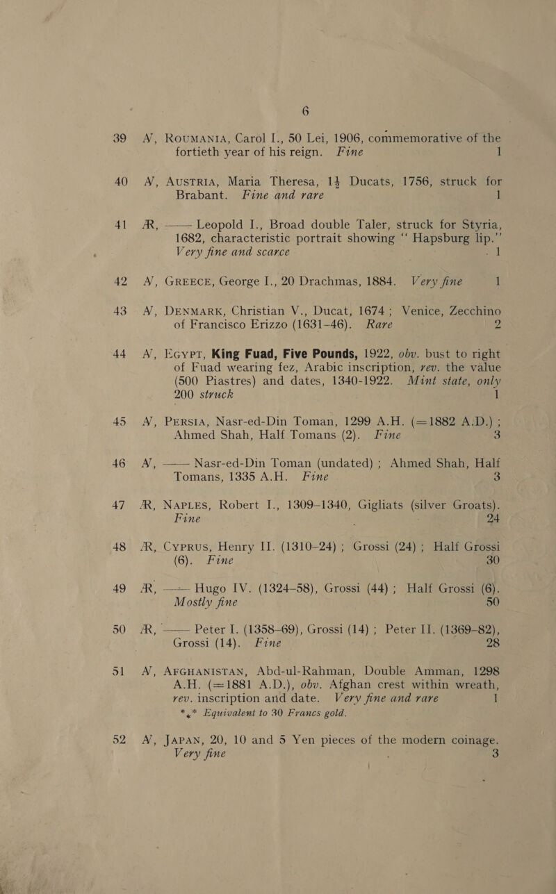 40 4] pp on 47 48 49 52 &amp; N ~~ 6 ROUMANIA, Carol I., 50 Lei, 1906, commemorative of the fortieth year of his reign. Fine 1 AusTRIA, Maria Theresa, 14 Ducats, 1756, struck for Brabant. Fine and rare 1 —_— Leopold I., Broad double Taler, struck for Styria, 1682, characteristic portrait showing “ Se le Very fine and scarce GREECE, George I., 20 Drachmas, 1884. Very fine 1 DENMARK, Christian V., Ducat, 1674; Venice, Zecchino of Francisco Erizzo (1631 —46). Rare cypt, King Fuad, Five Pounds, 1922, odv. bust to right of Fuad wearing fez, Arabic inscription, vev. the value (500 Piastres) and dates, 1340-1922. Mant state, only 200 struck 1 Persia, Nasr-ed-Din Toman, 1299 A.H. (=1882 A.D.) ; Ahmed Shah, Half Tomans (2). Frne Olan —— Nasr-ed-Din Toman (undated) ; Ahmed Shah, Half Tomans, 1335 A.H. Fine 3 NAPLES, Robert I., 1309-1340, Gigliats Sa Groats). Fine 24 Cyprus, Henry II. (1310-24) ; Grossi (24) ; Half Grossi (6). Fane 30 Mostly fine 50 Grossi (14). Fine 28 AFGHANISTAN, Abd-ul-Rahman, Double Amman, 1298 A.H. (=1881 A.D.), obv. Afghan crest within wreath, rev. inscription arid date. Very fine and rare 1 * * Equivalent to 30 Francs gold. Very fine