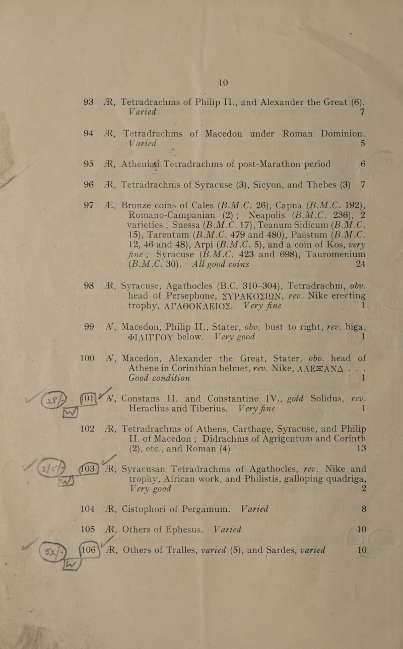93 Ax, Tetradrachms of Philip II., and Alexander the Great (6). Varied rp 94 AR, Tetradrachms of dia coder under Roman Dominion. Varied 3 5 95 AR, Atheniaai Tetradrachms of post-Marathon period 6 96 AX, Tetradrachms of Syracuse (3), Sicyon, and Thebes (3) 7 97 AX, Bronze coins of Cales (B.M.C: 26), Capua (B.M.C. 192), Romano-Campanian (2); Neapolis (B.M.C. 236), 2 varieties ; Suessa (B.M.C. 17), Teanum Sidicum (B.M.C. 15), Tarentum (B.M.C. 479 and 480), Paestum (B.M.C. 12, 46 and 48), Arpi (B.M.C. 5), and a coin of Kos, very fine; Syracuse (B.M.C. 423 and 698), Tauromenium (B.M.C. 30). — All good coins 24 98 AR, Syracuse, Agathocles (B.C. 310-304), Tetradrachm, obv. head of Persephone, SYPAKOSION, vev. Nike ee trophy, ATABOKAEIO®. Very fine - 99 A’, Macedon, Philip Il., Stater, obv. bust to right, vev. biga, — @IAITTOY below. Very good 1 100 A, Macedon, Alexander the Great, Stater, obv. head of Athene in Corinthian helmet, vev. Nike, AMEE mANA . Good condition Constans II. and Constantine IV., gold Solidus, rev. Heraclius and Tiberius. Very fine ]  , Tetradrachms of Athens, Carthage, Syracuse, and Philip II. of Macedon ; Didrachms of Agrigentum and Corinth (2), etc., and Roman (4) 13 % ) £03) AR, Syracusan Tetradrachms of Agathocles, vev. Nike and Ra) trophy, African work, and Philistis, galloping aces : Very good 104 AX, Cistophori of Pergamum. Varied 8 Others of Ephesus. Varied 10 Others of Tralles, varied (5), and Sardes, varied 10. 