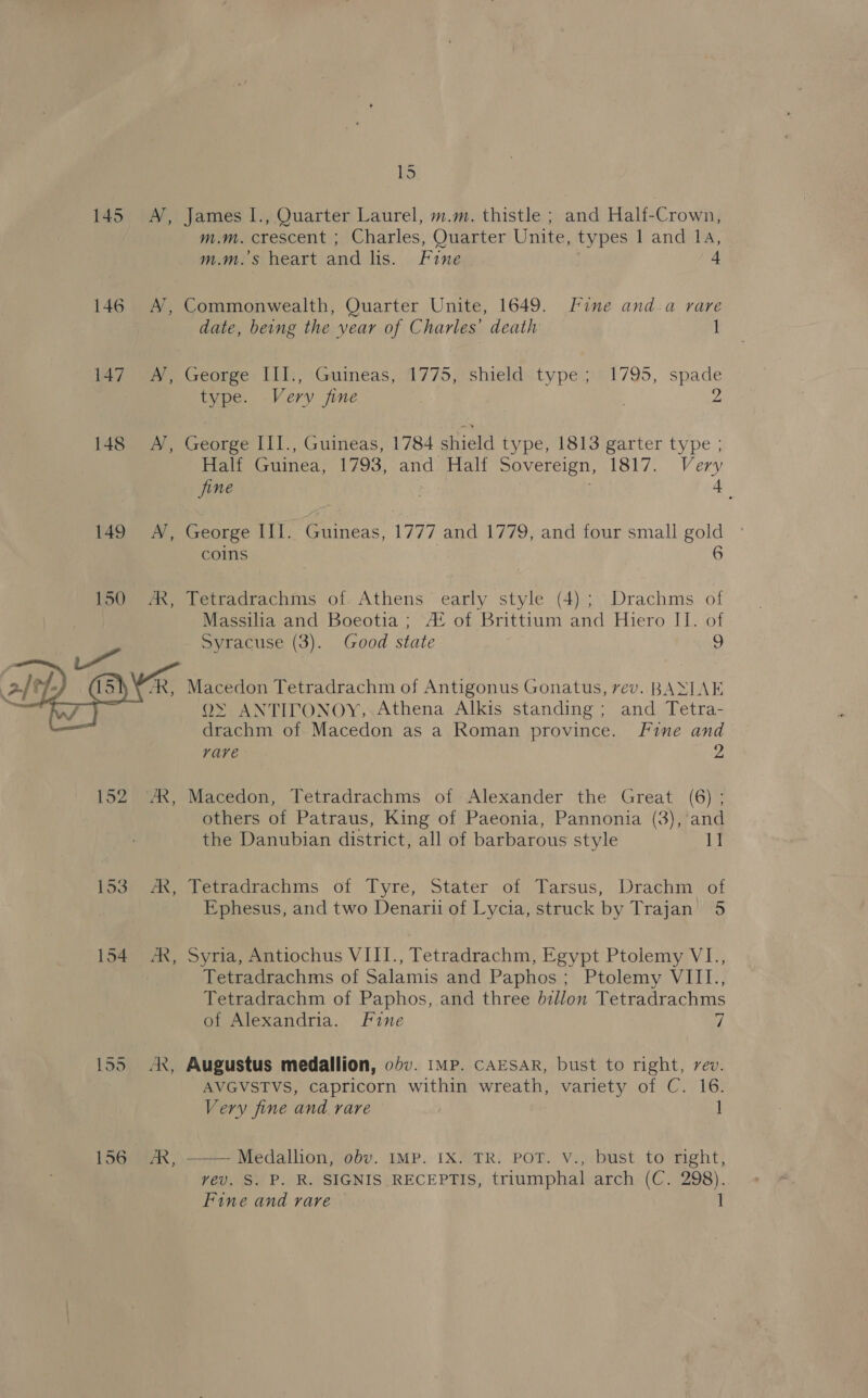 - 145 A, James I., Quarter Laurel, m.m. thistle ; and Half-Crown, m.m. crescent ; Charles, Quarter Unite, types 1 and 1a, m.m.s heart and lis. Fine | 4 146 A, Commonwealth, Quarter Unite, 1649. Fine and.a rare date, being the year of Charles’ death 1 147 7, George: IIl;, \Guineas, 1775, ‘shield.type;:1795, spade type: - Very fine vs 148 A’, George III., Guineas, 1784 shield type, 1813 garter type ; Patieiuinea, 1793, and. iali Sovereign, 1817. Very 4 fine 45 A’, George III. Guineas, 1777 and 1779, and four small gold coins 6 150 ARK, Tetradrachms of- Athens early style (4); Drachms of Massilia and Boeotia; A‘ of Brittium and Hiero II. of Syracuse (3). Good state 9 Macedon Tetradrachm of Antigonus Gonatus, rev. BASIAK Q> ANTITONOY,.Athena Alkis standing ; and Tetra- drachm of Macedon as a Roman province. Fine and rare 2  1520en, Macedon, Jetradrachms of Alexander the Great (6); others of Patraus, King of Paeonia, Pannonia (3), and the Danubian district, all of barbarous style 11 Sooyee etradrachins of Tyre, Stater of Tarsus, Drachm /of Ephesus, and two Denarii of Lycia, struck by Trajan 5 154 A, Syria, Antiochus VIII., Tetradrachm, Egypt Ptolemy VI., Tetradrachms of Salamis and Paphos; Ptolemy VIII., Tetradrachm of Paphos, and three bzllon Tetradrachms of Alexandria. Fine rt 155 AX, Augustus medallion, o5v. imp. CAESAR, bust to right, rev. AVGVSTVS, capricorn within wreath, variety of C. 16. Very fine and rare 1 156. AR, —-— Medallion, obv. IMP. IX. TR. POT. V., bust to right, vev. S. P. R. SIGNIS RECEPTIS, triumphal arch (C. 298) . / Fine and rare 1