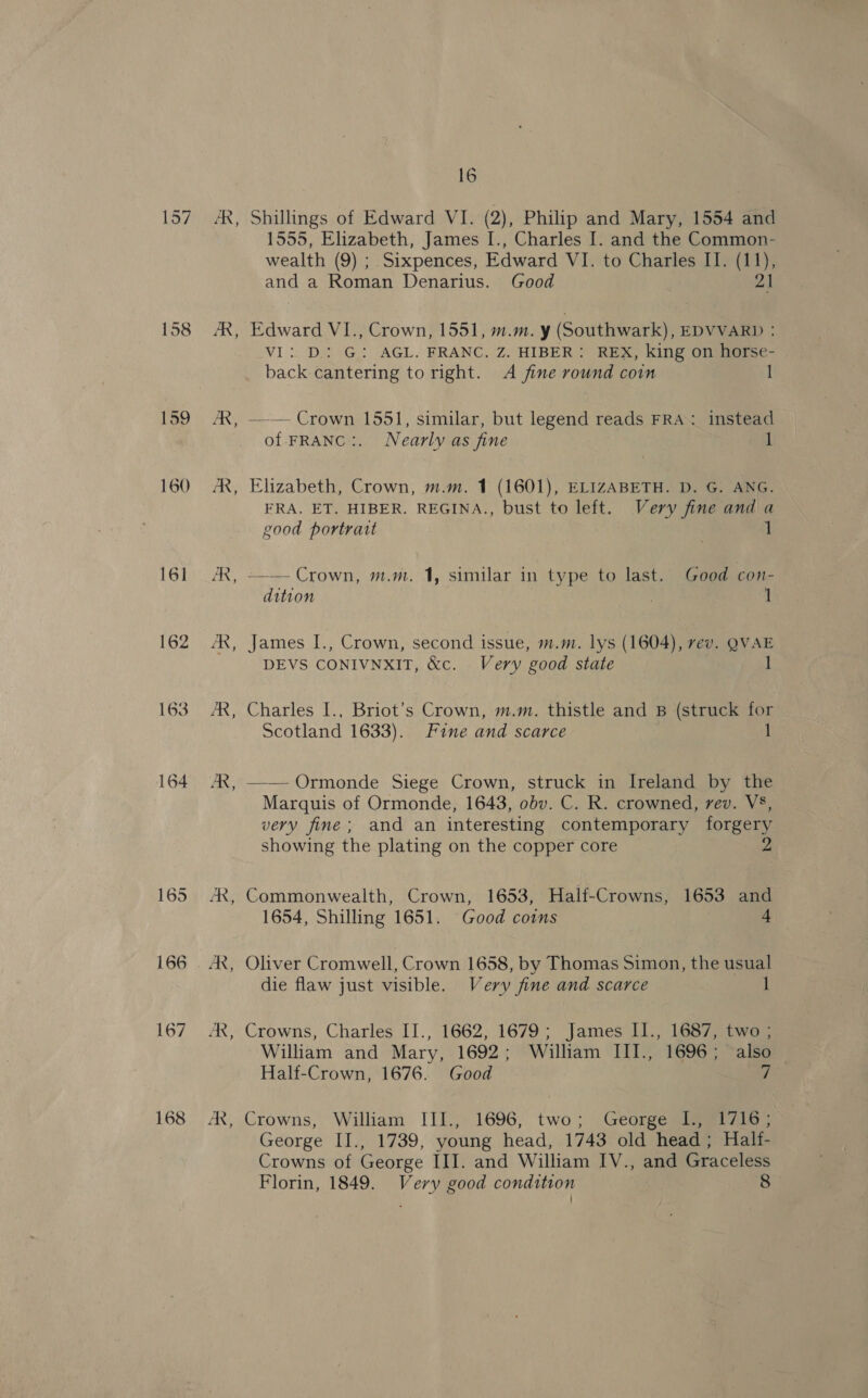 161 162 163 164 AR, Ww a 3 AR - 16 Shillings of Edward VI. (2), Philip and Mary, 1554 and 1555, Elizabeth, James I., Charles I. and the Common- wealth (9) ; Sixpences, Edward VI. to Charles II. (11), and a Roman Denarius. Good 21 Edward VI., Crown, 1551, m.m. y (Southwark), EDVVARD : VI: D: G: AGL. FRANC. Z. HIBER: REX, king on horse- back cantering to right. A fine round coin 1 —— Crown 1551, similar, but legend reads FRA: instead of FRANC:. Nearly as fine A Elizabeth, Crown, m.m. 1 (1601), ELIZABETH. D. G. ANG. FRA. ET. HIBER. REGINA., bust to left. Very fine and a good portrait 1 dition James I., Crown, second issue, m.m. lys (1604), vev. QVAE DEVS CONIVNXIT, &amp;c. Very good state 1 Charles I., Briot’s Crown, m.m. thistle and B (struck for Scotland 1633). Fane and scarce 1 —-— Ormonde Siege Crown, struck in Ireland by the Marquis of Ormonde, 1643, obv. C. R. crowned, rev. V8, very fine; and an interesting contemporary forgery showing the plating on the copper core 2 Commonwealth, Crown, 1653, Half-Crowns, 1653 and 1654, Shilling 1651. Good coins 4 Oliver Cromwell, Crown 1658, by Thomas Simon, the usual die flaw just visible. Very fine and scarce 1 Crowns, Charles II., 1662, 1679; James I1., 1687, two ; William and Mary, 1692; William III., 1696; also Half-Crown, 1676. Good 7 Crowns, William III., 1696, two; George I, 1716; George II., 1739, young head, 1743 old head; Halt- Crowns of George III. and William IV., and Graceless