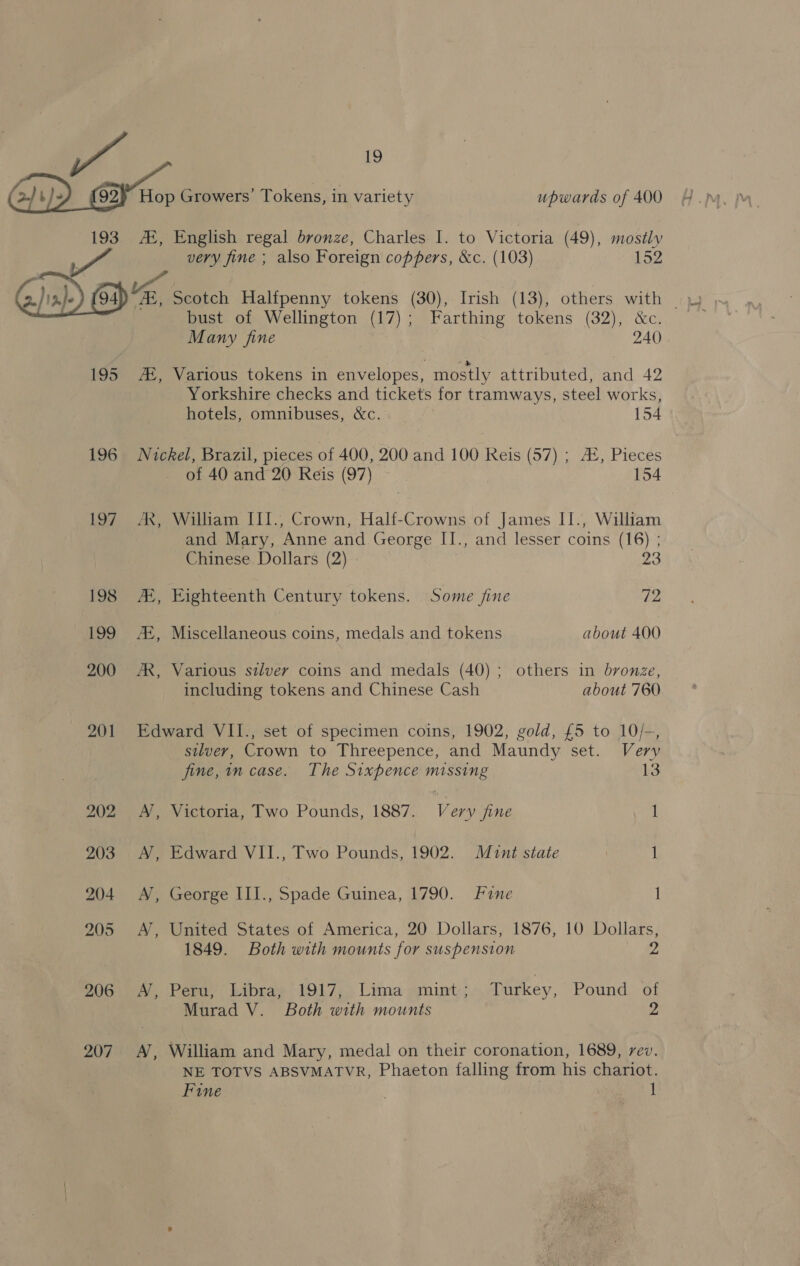 2 ve | I | Growers’ Tokens, in variety upwards of 400 193 AX, English regal bronze, Charles I. to Victoria (49), mostly very fine ; also Foreign coppers, &amp;c. (103) 152 ) 7 . \ 2.]\dbe (94) 7E, Scotch Halfpenny tokens (30), Irish (13), others with | bust of Wellington (17); Farthing tokens (32), &amp;c. Many fine 240 195 A, Various tokens in envelopes, mostly attributed, and 42 Yorkshire checks and tickets for tramways, steel works, hotels, omnibuses, &amp;c. 154 196 Nickel, Brazil, pieces of 400, 200 and 100 Reis (57) ; AE, Pieces of 40 and 20 Reis (97) 154 197 Ax, William III., Crown, Half-Crowns of James II., William and Mary, Anne and George II., and lesser coins (16) ; Chinese Dollars (2) 23 198 AL, Eighteenth Century tokens. Some fine ba 199 A, Miscellaneous coins, medals and tokens about 400 200 AX, Various silver coins and medals (40) ; others in bronze, including tokens and Chinese Cash about 760 201 Edward VII., set of specimen coins, 1902, gold, £5 to 10/-, silver, Crown to Threepence, and Maundy set. Very fine, in case. The Sixpence missing 13 202 A, Victoria, Two Pounds, 1887. Ven fine 1 203. AN, Edward VII., Two Pounds, 1902. Mint state 1 204 A, George III., Spade Guinea, 1790. Fine 1 205 A, United States of America, 20 Dollars, 1876, 10 Dollars, 1849. Both with mounts for suspension 2 BOG en. Perm kibray1917)5 Lima smint:; Turkey, Pound of Murad V. Both with mounts z 207. AJ, William and Mary, medal on their coronation, 1689, rev. NE TOTVS ABSVMATVR, Phaeton falling from his chariot. Fine |