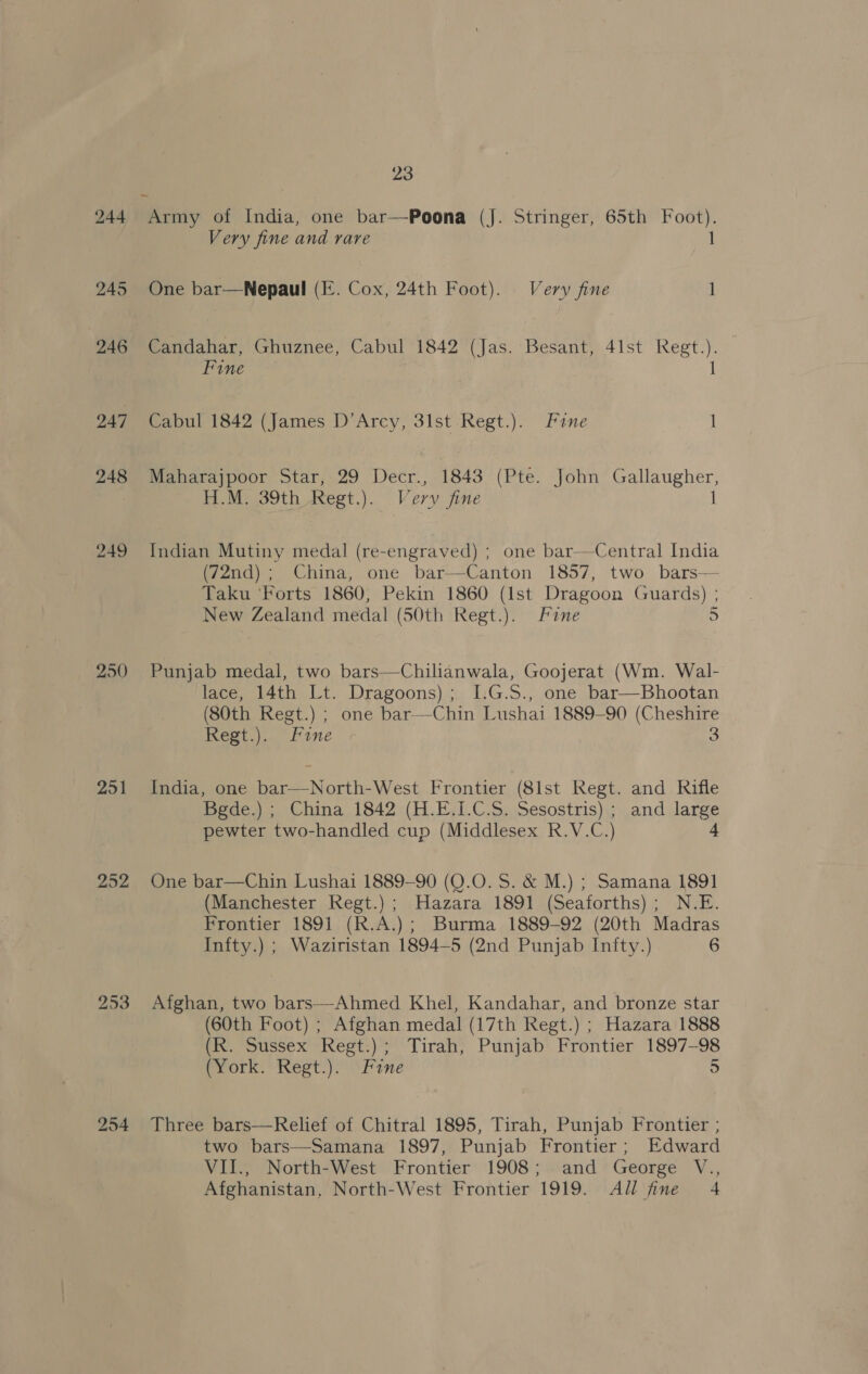 244 Army of India, one bar—Poona (J. Stringer, 65th Foot). Very fine and rare 1 245 One bar—Nepaul (FE. Cox, 24th Foot). Very fine 1 246 Candahar, Ghuznee, Cabul 1842 (Jas. Besant, 41st Regt.). Fine 1 247 Cabul 1842 (James D'Arcy, 31st Regt.). Fane 1 248 Maharajpoor Star, 29 Decr., 1843 (Pte. John Gallaugher, | H.M. 39th Regt.). Very fine 1 249 Indian Mutiny medal (re-engraved) ; one bar—Central India (72nd); China, one bar—Canton 1857, two bars— Taku ‘Forts 1860, Pekin 1860 (1st Dragoon Guards) ; New Zealand medal (50th Regt.). Fine 5 250 Punjab medal, two bars—Chilianwala, Goojerat (Wm. Wal- lace, 14th Lt. Dragoons); I.G.S., one bar—Bhootan (80th Regt.) ; one bar—Chin Lushai 1889-90 (Cheshire Regt)... Line 3 251 India, one bar—North-West Frontier (8Ist Regt. and Rifle Bede.) ; China 1842 (H.E.I.C.S. Sesostris) ; and large pewter two-handled cup (Middlesex R.V.C.) 4 252 One bar—Chin Lushai 1889-90 (0.0. S. &amp; M.) ; Samana 1891 (Manchester Regt.) ; Hazara 1891 (Seaforths) ; N.E. Frontier 1891 (R.A.); Burma 1889-92 (20th Madras Infty.) ; Waziristan 1894—5 (2nd Punjab Infty.) 6 253 Afghan, two bars—Ahmed Khel, Kandahar, and bronze star (60th Foot) ; Afghan medal (17th Regt.) ; Hazara 1888 (R. Sussex Regt.) ; Tirah, Punjab Frontier 1897-98 York. Rest.) Fine a 254 Three bars—Relief of Chitral 1895, Tirah, Punjab Frontier ; two bars—Samana 1897, Punjab Frontier; Edward VII., North-West Frontier 1908; and George V., Afghanistan, North-West Frontier 1919. All fine 4