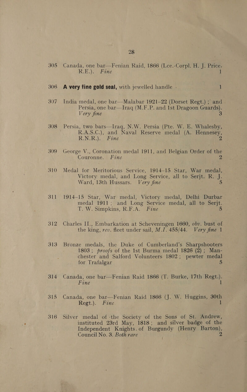 305 306 307 308 309 310 311 312 313 314 315 316 28 Canada, one bar—Fenian Raid, 1866 (Lce.-Corpl. H. J. Price, R.E.). Fine 1 A very fine gold seal, with jewelled handle - 1 India medal, one bar—Malabar 1921-22 (Dorset Regt.) of and Persia, one bar—lIraq (M.F.P. and Ist Dragoon Guards). 3 Very fine R.A.S.C.), and Naval Reserve medal (A. Hennesey, KN Ross Pine me George V., Coronation medal 1911, and Belgian Order of the Couronne. [ine 2 Medal for Meritorious Service, 1914-15 Star, War medal, Victory medal, and Long Service, all to Serjt. R. J. Ward, 13th Hussars. Very fine 5 1914-15 Star, War medal, Victory medal, Delhi Durbar medal 1911; and Long: Service medal, all to ‘Serjt- TW. sunpkins;: RiP oA some 5 Charles II., Embarkation at Scheveningen 1660, obv. bust of the king, vev. fleet under sail, M.I. 455/44. Very fine 1 Bronze medals, the Duke of Cumberland’s Sharpshooters 1803 ; proofs of the 1st Burma medal 1826 (2); Man- chester and Salford Volunteers 1802; pewter medal for Trafalgar 5 Canada, one bar—Fenian Raid 1866 (T. Burke, 17th Regt.). Fine 1 Canada, one bar—Fenian Raid 1866 (J. W. Huggins, 30th Regt.). Fine 1 Silver medal of -the Society of the Sons of St. Andrew, instituted 23rd May, 1818; and silver badge of the Independent Knights. of Burgundy (Henry Barton),