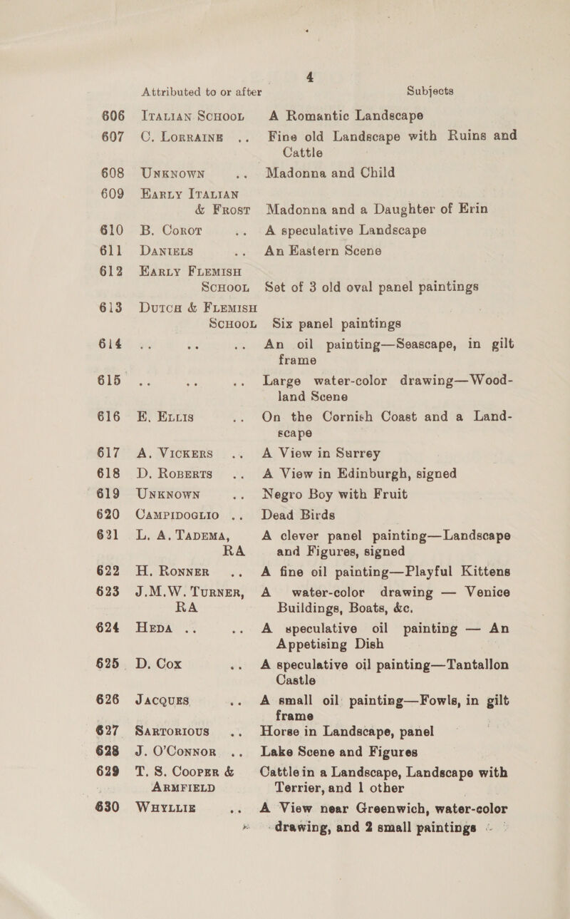 607 608 609 610 611 612 613 614 616 617 618 619 620 621 622 623 624 626 628 629 ~ 630 C, LorraIng UNKNOWN Harzuy ITALIAN &amp; Frost B. Corot DANIELS EARLY FLEMISH SCHOOL Dutca &amp; FLEMISH SCHOOL E, Ewcis A. VICKERS D, RoBErts UNKNOWN CAMPIDOGLIO L. A. TaDEMA, RA H,. Ronner J.M.W. Turner, RA HEDA D, Cox JACQUES SARTORIOUS J. O'Connor T. S. Coorgr &amp; ARMFIELD WHYLLIE si aii 4 Subjects Fine old Landscape with Ruins and Cattle Madonna and Child Madonna and a Daughter of Erin A speculative Landscape An Eastern Scene Set of 3 old oval panel paintings Six panel paintings An oil painting—Seascape, in gilt frame Large water-color drawing— Wood- land Scene On the Cornish Coast and a Land- scape A View in Surrey A View in Edinburgh, signed Negro Boy with Fruit Dead Birds A clever panel painting— Landscape and Figures, signed A fine oil painting—Playful Kittens A water-color drawing — Venice Buildings, Boats, &amp;c. A speculative oil painting — An Appetising Dish A speculative oi] painting—Tantallon Castle A small oil) painting—Fowls, in gilt frame Horse in Landscape, panel Lake Scene and Figures Cattlein a Landscape, Landscape with Terrier, and 1 other A View near Greenwich, water-color drawing, and 2 small paintings - ©