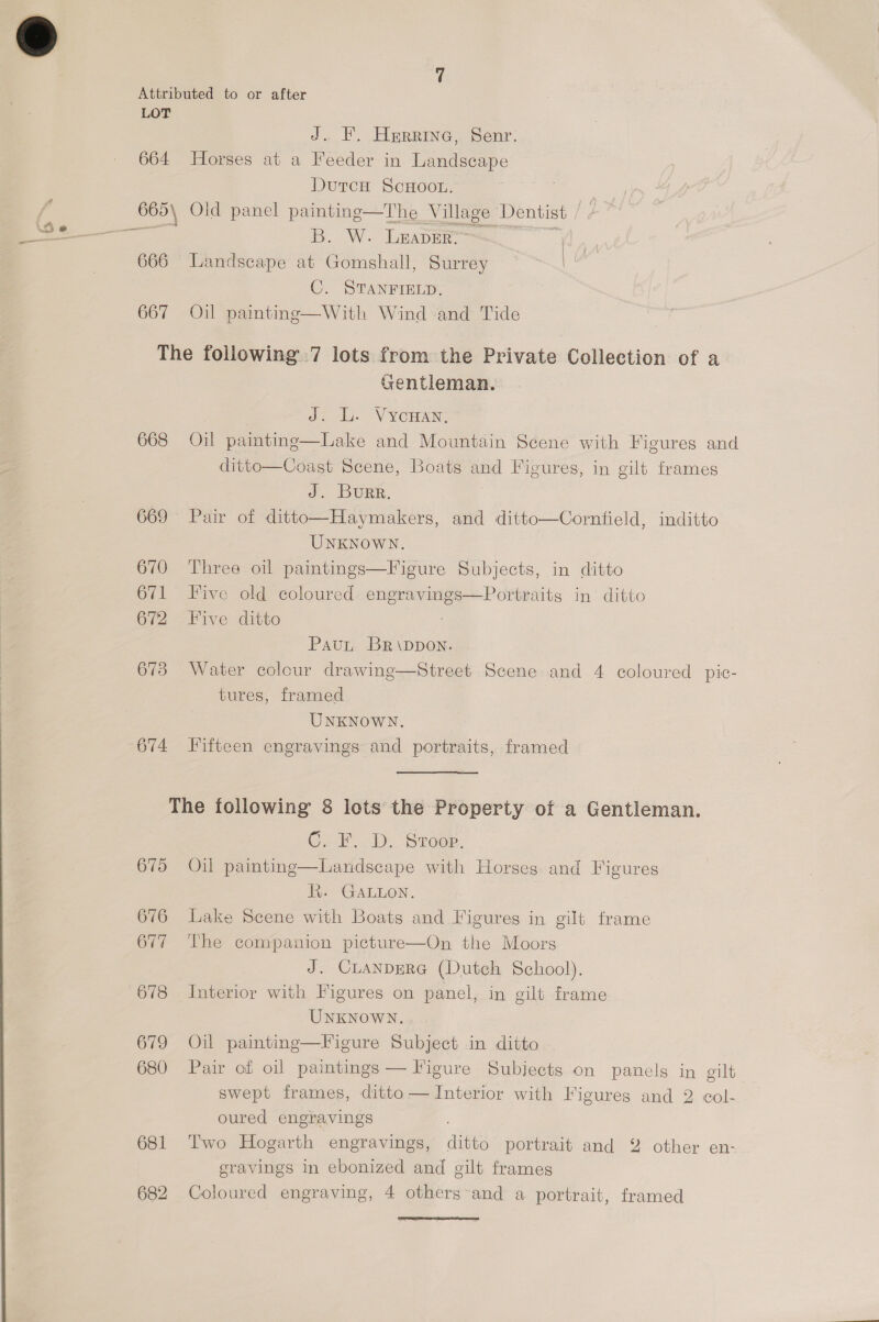 Attributed to or after LOT J. F. Huerrine, Senr. 664 Horses at a Feeder in Landscape | DurcH ScHoon. —— Old panel painting—The Village 1 Dentist / B. W. LEADER VJ 666 Landscape at Gomshall, Surrey ~~ C. STANFIELD. 667 Oil painting—With Wind and Tide The following 7 lots from the Private Collection of a | Gentleman. | J! Li. VYCHAN; 668 Oil painting—Lake and Mountain Scene with Figures and ditto—Coast Scene, Boats and Figures, in gilt frames J. Burr. 669 Pair of ditto—Haymakers, and ditto—Cornfield, inditto UNKNOWN. 670 Three oil paintings—Figure Subjects, in ditto 671 Five old coloured engravings—Portraits in ditto 672 Five ditto  PauL BR \DDON. 673 Water colour drawing—Street Scene and 4 coloured pic- tures, framed UNKNOWN. 674 Fifteen engravings and portraits, framed — The following 8 lots the Property of a Gentleman. C.D, Steer. 675 Oil painting—Landscape with Horses and Figures R. GALLON. 676 Lake Scene with Boats and Figures in gilt frame 677 The companion picture—On the Moors J. CLANpDERG (Dutch School). 678 Interior with Figures on panel, in gilt frame UNKNOWN. 679 Oil painting—Figure Subject in ditto 680 Pair of oil paintings — Figure Subjects on panels in gilt swept frames, ditto — Interior with Figures and 2 col- oured engravings 681 Two Hogarth engravings, ditto portrait and 2 other en- cravings in ebonized and gilt frames 682 Coloured engraving, 4 others and a portrait, framed