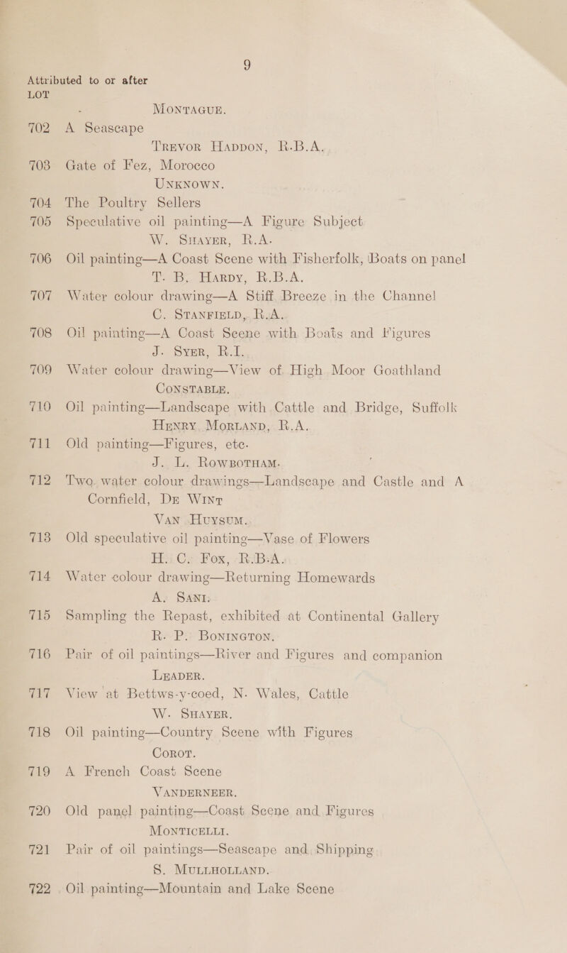 702 703 704 705 706 707 708 709 710 fad 712 718 714 715 716 al 718 ALD 720 721 122 MONTAGUE. A Seascape TRevoR Happon, R.B.A. Gate of Fez, Morocco UNKNOWN. The Poultry Sellers Speculative oil painting—A Figure Subject We SrAver, Riv Oil painting—A Coast Scene with Fisherfolk, (Boats on panel Be Harpy, B.A. Water colour drawing—A Stiff Breeze in the Channe! C. STANFIELD, RuwA. Oil painting—A Coast Scene with Boats and Figures J. Svar. Water colour drawing—View of, High Moor Goathland CONSTABLE. Landscape with Cattle and Bridge, Suffolk Henry, Moruanp, R.A. Old painting—Fiegures, ete. J. L. Rowportnam. Two. water colour drawings—Landscape and Castle and A Cornfield, DE Win Van -Huysum.. Old speculative oil painting—Vase of Flowers Ha.Ce, Fox, RiBeA. Water colour drawing—Returning Homewards A. SANI: Sampling the Repast, exhibited at Continental Gallery Oil painting   R. P. Bonrineron. Pair of oil paintings—River and Figures and companion LEADER. View at Bettws-y-coed, N. Wales, Cattle W. SHAYER, Oil painting—Country Scene with Figures Corot. A French Coast Scene VANDERNEER. Old panel painting—Coast Scene and. Figures MoNTICELLI. Pair of oil paintings—Seascape and, Shipping S. MuLLHoLuanp. Oil painting—Mountain and Lake Scene