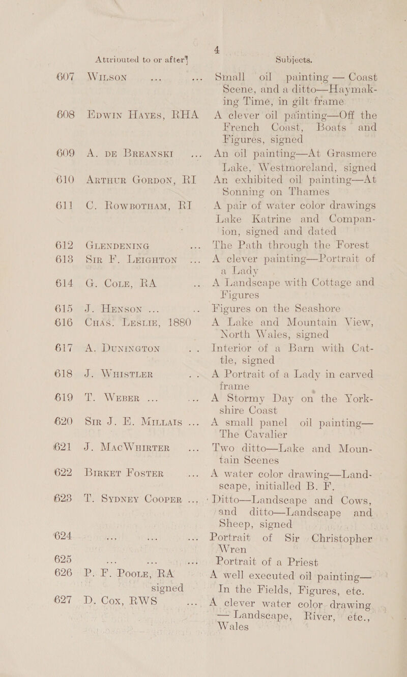 607 608 609 610 611 612 6138 614 615 616 624 625 626 627 Attributed to or after’? WILSON Epwin Hayses, RHA A. DE BREANSKI ArtTHuRr Gorpon, RI C. Rowsotnam, RI GLENDENING sir F. LEerGgHtTton G. Cotz, RA J. HENSON .: A. DuNINGTON J. WHISTLER Tt. Weer. ... Siri... E. (Miainpare J. MacWHIRTER BrrKet Foster T. Sypnry CooPER sioned ibs Cox, RWS g Subjects. Small oi painting — Coast Scene, and a ditto—Haymak- ing Time, in gilt frame A clever oil painting—Off the French Coast, Boats and Figures, signed An oil painting—At Grasmere Lake, Westmoreland, signed An exhibited oil paintinge—At Sonning on Thames A pair of water color drawings Lake Katrine and Compan- ion, signed and dated The Path through the Forest A clever painting—Portrait of a lady | A Landscape with Cottage and Figures Figures on the Seashore A Lake and Mountain View, North Wales, signed Interior of a Barn with Cat- tle, signed A Portrait of a Lady in carved frame A Stormy Day on the York- shire Coast A small panel The Cavalier Two ditto—Lake tain Scenes A water color drawing scape, initialled B. F. Landscape and Cows, and ditto—Landscape and Sheep, signed Portrait, of Sir Wren Portrait of a Priest A well executed oil painting— In the Fields, Figures, ete. A clever water color. drawing. —Landseape, River,” éte., Wales | oul painting— and Moun-  Land-    Christopher