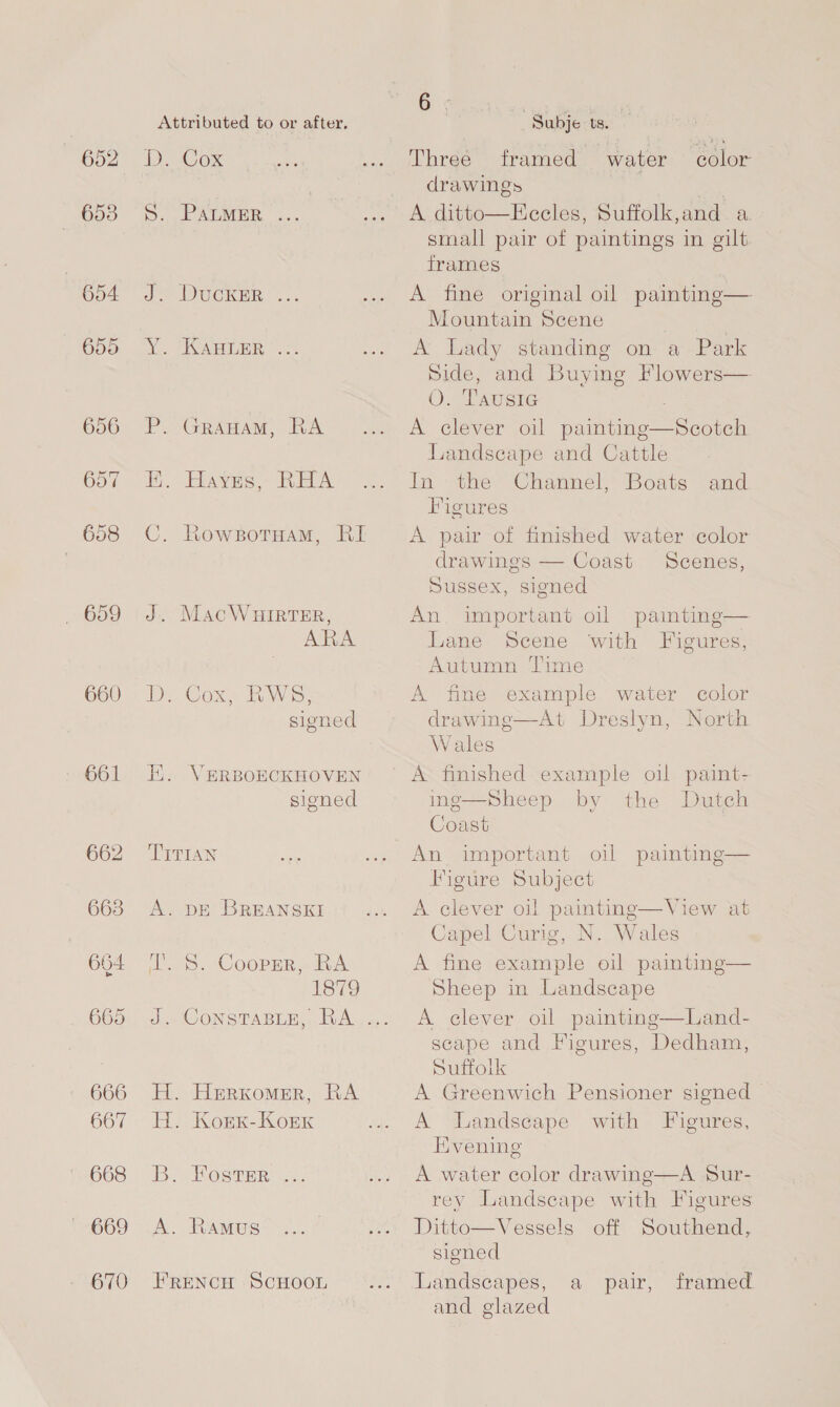 652 653 660 661 666 667 668 669 670 Attributed to or after. Dy Cox S. PALMER Jo DUCGKER .. YY. ARLER oo P. Granam, RA i. Hayes REA C. Rowsotuam, RI J. MacWuirtTER, ARA I Cox RWS; sigened Hi. VERBOECKHOVEN sioned TITIAN A. DE BREANSKI iS: (COOPER « kA 1879 H. Herxomer, RA H. Korx-Korx Bo Postar .. A. Ramus FRENCH SCHOOL 6 io gay &amp; | Subje ts. Three framed water color drawings A ditto—Eccles, Suffolk,and a small pair of paintings in gilt frames A fine original oil painting— Mountain Scene | | A Lady standing on a Park Side, and Buying Flowers— O. ‘TAUSIG , A clever oil painting—Scotch Landscape and Cattle In the Channel, Boats and Figures A pair of finished water color drawings — Coast Scenes, Sussex, signed An important oil painting— Lane Scene with Figures, Autumn Time A fine example water color drawinge—At Dreslyn, North Wales A finished example oil paint- inge—Sheep by the Dutch Coast An important oil paimting— Figure Subject A clever oil paimting—View at Capel Curig, N. Wales A fine example oil painting— Sheep in Landscape A clever oil painting—Land- scape and Figures, Dedham, Suffolk A Greenwich Pensioner signed A Landscape with Figures, Evening A water color drawing—A Sur- rey Landscape with Figures Ditto—Vessels off Southend, signed Landscapes, a pair, framed and glazed
