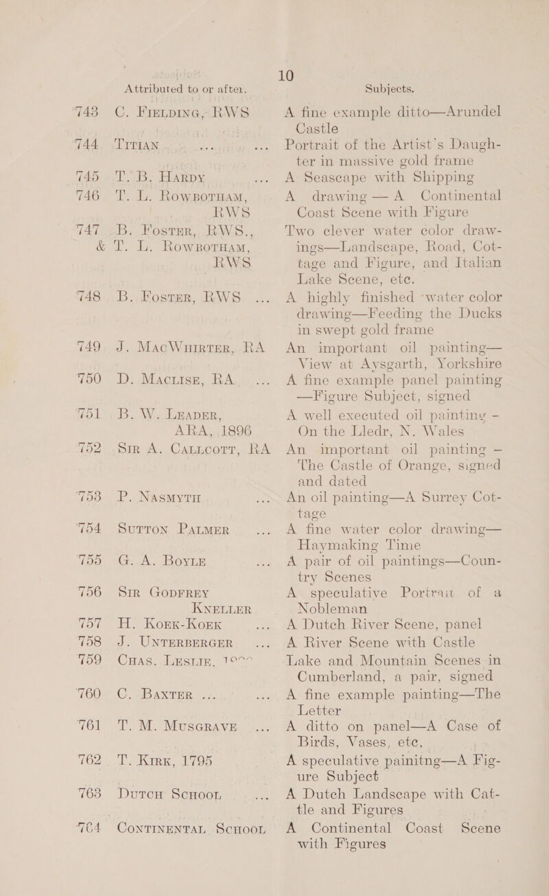 743 744 TAD 746 Atteiouted to or after. C. Firtpine, RWS TITIAN heels Harpy T. L. Rowzormam, RWS B;. Postar, bw ,S.. T. L. Rowzoruam, RWS B., Foster, RWS J. MacWuirter, RA D. Macuisg, RA B. W. LEADER, ARA, 1896 Sir A. Canucott, RA P. Nasmyti Sutton PALMER G:.A. Bovur Sir GODFREY KNELLER H. Korx-Korx J. UNTERBERGER Cuas. Lusum, 19°°7 C. - Bax ver ..-. T. M. MusGRAvE T. Krrx, 1795. Subjects. A fine example ditto—Arundel Castle Portrait of the Artist’s Daugh- ter in massive gold frame A Seascape with Shipping A drawing — A Continental Coast Scene with Figure Two clever water color draw- ings—Landseape, Road, Cot- tage and Figure, and Italian Lake Scene, ete. A highly finished ‘water color drawing—Feeding the Ducks in swept gold frame An important oil painting— View at Aysgarth, Yorkshire A fine example panel painting —Figure Subject, signed A well executed oil paintiny - On the Lledr, N. Wales An important oil painting — The Castle of Orange, signed and dated An oil painting—A Surrey Cot- tage A fine water color drawing— Haymaking Tinie A pair of oil paintings—Coun- try Scenes A speculative Portrait Nobleman A Dutch River Scene, panel A River Scene with Castle Lake and. Mountain Scenes in Cumberland, a pair, signed A fine example painting—The Letter A ditto on panel—A Case of Birds, Vases, etc, A speculative painitng—A Fig- ure Subject A Dutch Landscape with Cat- tle and Figures A Continental Coast with Figures Ce ee