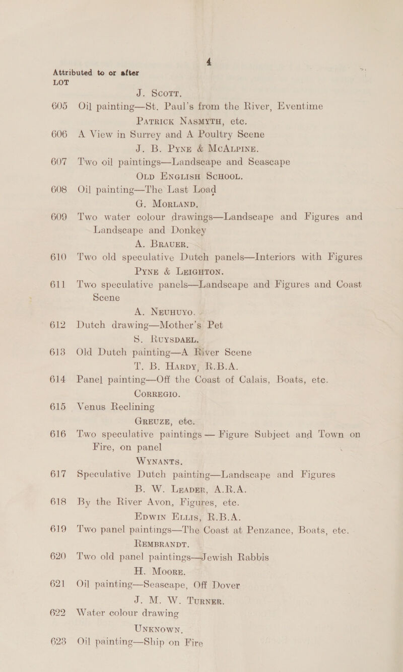 644 645 646 647 648 649 650 651 652 653 654 655 UNKNOWN. Ditto—Madonna and Child, in carved frame REMBRANDT, Black and white drawing in carved frame Epwin Eis, B.B.A. Boats on the Coast, Cornwall, on panel Leorpotp Rivers, R.I. Pair of fine water colour drawings—Bringing Home the Cat- tle and A Witley Farm JOSEPH ISRAELS. Clever painting—Alone GERARD Dow. Fine old Dutch panel painting—The Philosopher MeEtTz0v, Dutch panel painting—Telling the Old, Old Story Sir T. Lawrence, B.A. Fine old speculative lined painting—The Sisters LASZLO. The Primrose Girl J. STarRK, 1826. Pane] painting—Old Watermill and Figures, Norwich STUART Luoyp, R.B.A. Water colour drawing—Landscape, River and Cattle J. W. CARMICHAEL. Coast Scene, Boats, etc. S. Rosa &amp; OSTADE. Two panel paintings—Landscape, Figures, and Interior and Figures J. EK. CHaton, B.A.  DurcuH ScHoou. Ditto—Looking after the Invalid ENGLISH ScHooL. Portrait of Sir Richard Owen, M.D., D.C.L., LL.D. F.R.C.8., Edinburgh University (particulars on back) W. L. Wyuum, A.R.A. Finished water colour drawing—Boats on the Solent N. BEerGuen. Italian Landscape with Cattle and Figures