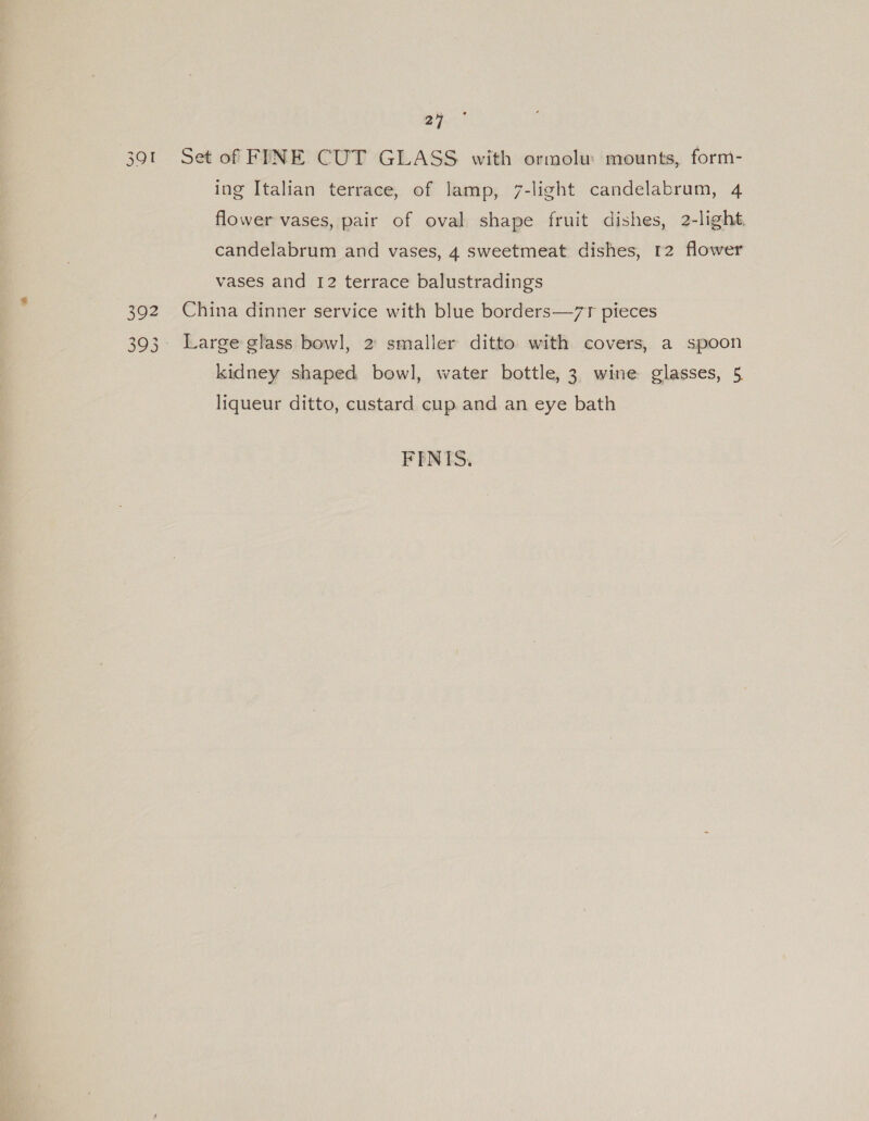 391 392 Ono \O Ge 27 Set of FFINE CUT GLASS with ormolu: mounts, form- ing Italian terrace, of lamp, 7-light candelabrum, 4 flower vases, pair of oval shape fruit dishes, 2-light. candelabrum and vases, 4 sweetmeat dishes, 12 flower vases and 12 terrace balustradings China dinner service with blue borders—7r pieces Large glass bowl, 2 smaller ditto with covers, a spoon kidney shaped bowl, water bottle, 3 wine glasses, 5 liqueur ditto, custard cup and an eye bath FINIS.