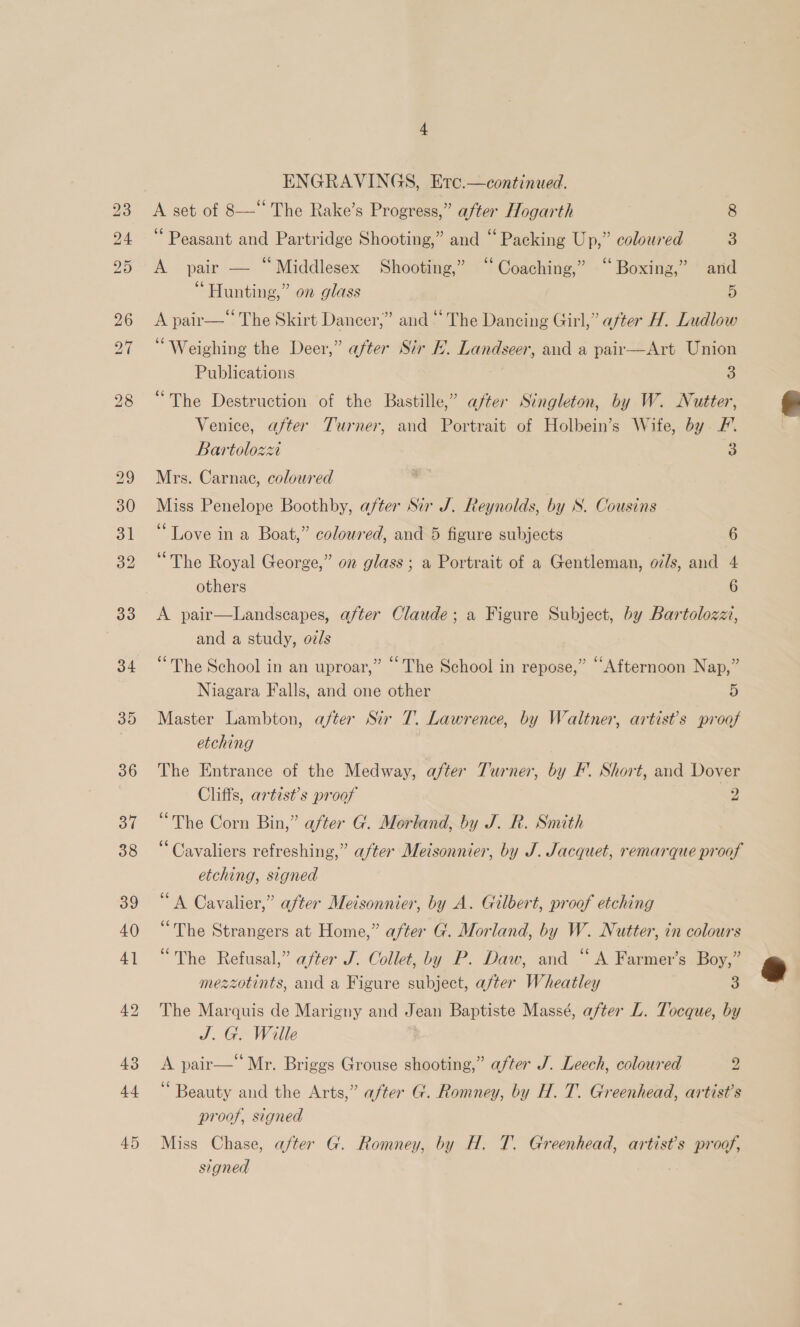 42 43 44 45 ENGRAVINGS, Etc.—continued. A set of 8—“ The Rake’s Progress,” after Hogarth 8 ‘* Peasant and Partridge Shooting,” and ‘‘ Packing Up,” coloured 3 A pair — “Middlesex Shooting,” “Coaching,” “Boxing,” and “Hunting,” on glass 5 A pair—* The Skirt Dancer,” and “ The Dancing Girl,” after H. Ludlow ‘Weighing the Deer,” after Sir E. Landseer, and a pair—Art Union Publications 3 “The Destruction of the Bastille,” after Singleton, by W. Nutter, Venice, after Turner, and Portrait of Holbein’s Wife, by F. Bartolozz 3 Mrs. Carnac, coloured Miss Penelope Boothby, after Sir J. Reynolds, by S. Cousins ‘Love in a Boat,” coloured, and 5 figure subjects 6 others 6 A pair—Landseapes, after Claude; a Figure Subject, by Bartolozzi, and a study, ozls “The School in an uproar,” “ The School in repose,” “Afternoon Nap,” Niagara Falls, and one other 5 Master Lambton, after Sir 7. Lawrence, by Waltner, artist’s proof etching The Entrance of the Medway, after Turner, by F. Short, and Dover Cliffs, artist’s proof 2 “The Corn Bin,” after G. Morland, by J. R. Smith “Cavaliers refreshing,” after Meisonnier, by J. Jacquet, remarque proof etching, signed “A Cavalier,” after Meisonnier, by A. Gilbert, proof etching “The Strangers at Home,” after G. Morland, by W. Nutter, in colours “The Refusal,” after J. Collet, by P. Daw, and “A Farmer’s Boy,” mezzotints, and a Figure subject, a/ter Wheatley 3 The Marquis de Marigny and Jean Baptiste Massé, after L. Tocque, by J. G. Wille A pair— Mr. Briggs Grouse shooting,” after J. Leech, coloured v4 Beauty and the Arts,” after G. Romney, by H. T. Greenhead, artist’s proof, signed Miss Chase, after G. Romney, by H, T. Greenhead, artist’s proof, signed 