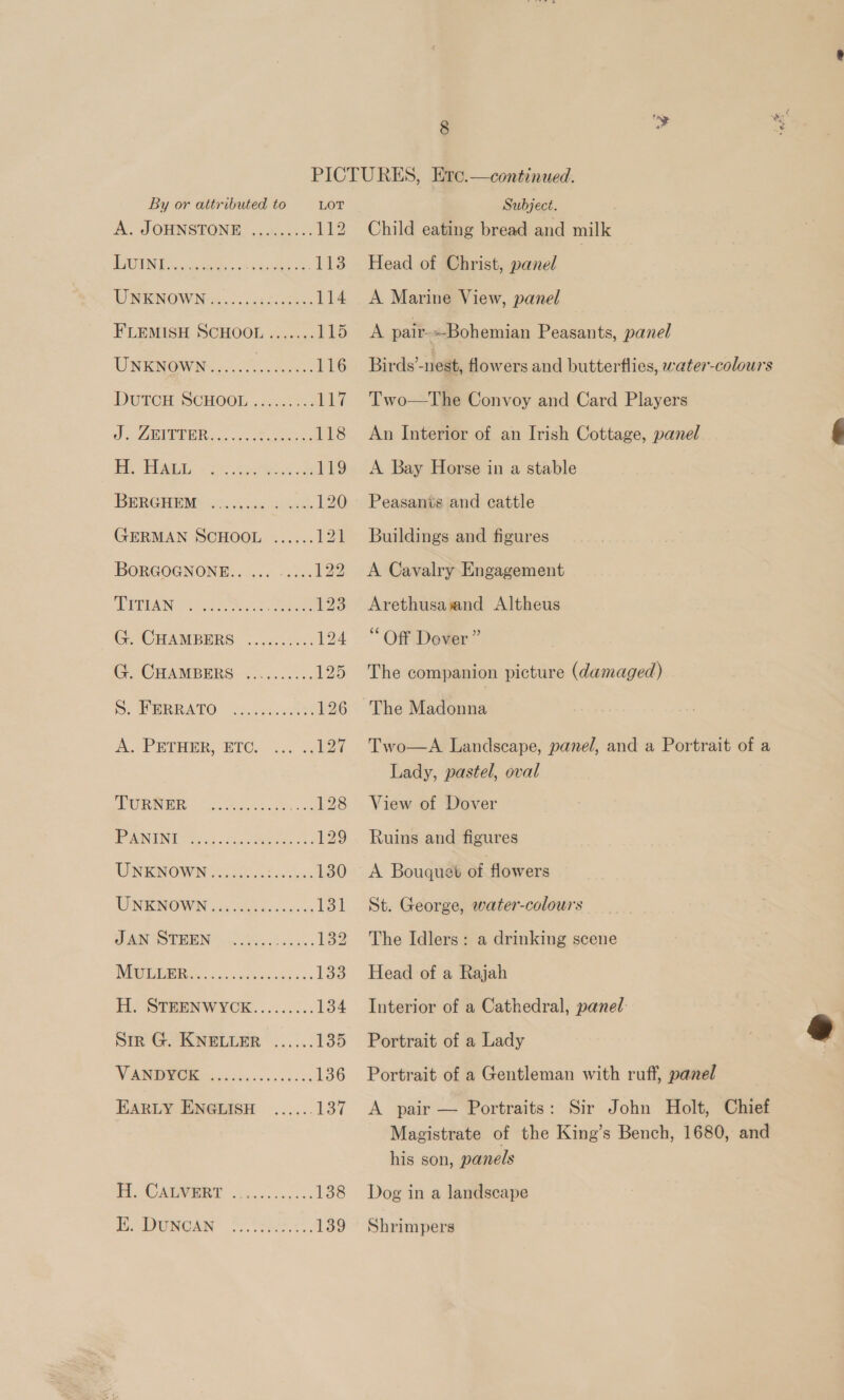 PICTURES, Etc.—continued.  By or attributed to LOT Subject. A. JOHNSTONE. .,....... 112 Child eating bread and milk LOVIN Ecsite ass mee TR 113 Head of Christ, panel DWRNOWN 00. 5.055.005. 114 &lt;A Marine View, panel FLEMISH SCHOOL ....... gare pair- Bohemian Peasants, panel UNKNOWN....... ee oe 116 Birds’-n est, flowers and butterflies, water-colours DGIOCH SCHOOL. ..o625.4'S 117 Two—The Convoy and Card Players ds DEEPER, 2.0% oan 118 An Interior of an Irish Cottage, panel fe, WME, = 5 ae a ae 119 &lt;A Bay Horse in a stable BERGHEM .. 4cce ss axek 120 Peasanis and cattle GERMAN SCHOOL ...... 121 Buildings and figures BORGOGNONE.. ... .....122 A Cavalry Engagement TRUDUANG S4cae. Saker 123 Arethusavand Altheus G. CHAMBERS .......... 124 “Off Dover” G, CHAMBERS. ....... 125 The companion picture (damaged) S PRRRATO &lt;.c0103! 126 The Madonna A. PETER, BTC. 2... 127 Two—A Landscape, panel, and a Portrait of a Lady, pastel, oval SOIR on See ....128 View of Dover HAAN. 8c 6 a eo 129 Ruins and figures WINING WIN Sis 130 A Bouquet of flowers DINEENOWIN oil disse. xs 131 St. George, water-colours LAI TOEMUN oie ica 132 The Idlers: a drinking scene UC. 0c) a a 133 Head of a Rajah H. STEENWYCK......... 134 Interior of a Cathedral, panel Sir G. KNELLER ...... 135 Portrait of a Lady Ve: 136 Portrait of a Gentleman with ruff, panel EARLY ENGLISH ...... 137 &lt;A pair — Portraits: Sir John Holt, Chief Magistrate of the King’s Bench, 1680, and his son, panels PE CAVORT -35...0....- 138 Dog in a landscape Be Ponca &amp; sae... 139 Shrimpers