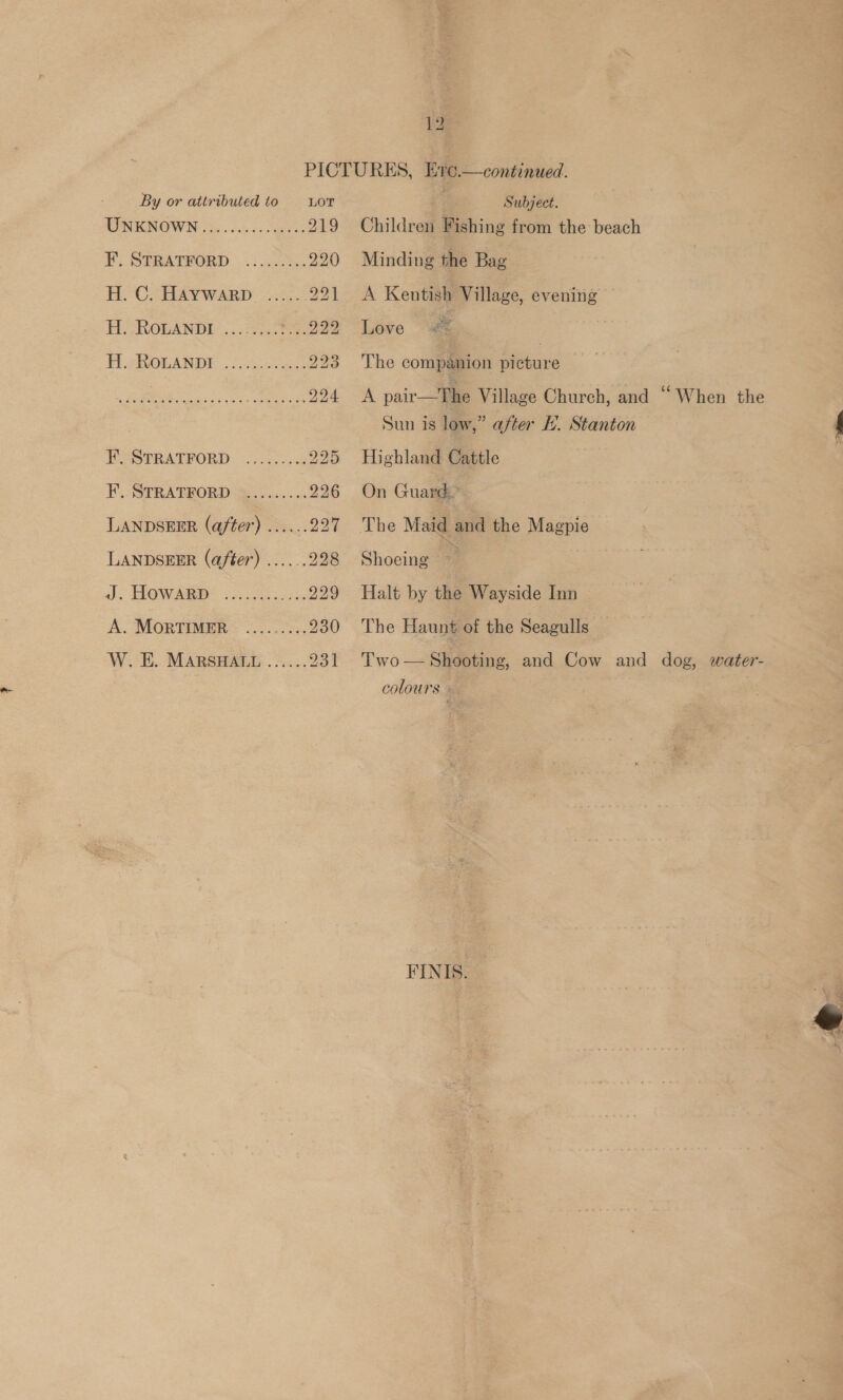 1 PICTURES, Ere.—continued. By or attributed to = Lor Subject. TINE OWN 5 oc cte cs emis 219 Children Fishing from the beach ¥: STRATEORD. 3: da. 3e5 220 Minding the Bag HOCo RAV WsaRD 2. 221 &lt;A Kentish Village, evening HROuANDE ....2 +929 Love “aes | FA ROLANDY.. bu 223 The companion pibture es ee 294 ‘A pair—JMMNe Village Church, and “When the Sun is low,” after H. Stanton | f F, STRATFORD 0.0... 225 Highland Cattle F.-STRATRORD Be os. 0s 226 On Guard. LANDSEER (after) ...... 25ts ene Maid and the Magpie LANDSEER (after) ......228 Shoeing &gt; is: ROWAN oie 229 Halt by the Wayside Inn A. MorTIMER .........230 The Haunt of the Seagulls W. E. MARSHALL ...... 231 Two— Shooting, and Cow and dog, water- colours » FINIS. 