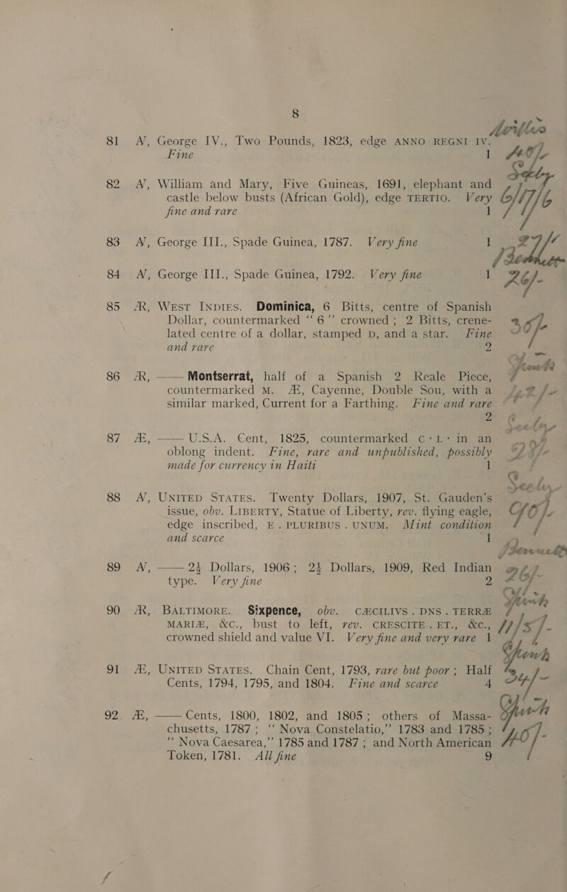 81 82 83 84 85 86 87 88 89 90 | 92 . -  8 George IV., Two Pounds, 1823, edge ANNO REGNI IV. Fine 3 1 fet Or castle below busts (African Gold), edge TERTIO. Very fine and rare 1 William and Mary, Five Guineas, 1691, elephant and | i, George III., Spade Guinea, 1787. Very fine Ta a George III., Spade Guinea, 1792. Very fine 1 AY- West Inpres. Dominica, 6 Bitts, centre of Spanish Dollar, countermarked “6’’ crowned; 2 Bitts, crene- 2A - a lated centre of a dollar, stamped pb, and a star. Fine &lt; and rare 2 ‘ptecr€e —— Montserrat, half of a Spanish 2 Reale Piece, 4 countermarked mM. At, Cayenne, Double Sou, witha #29 Jo similar marked, Current for a Farthing. Fine and rare “ 2 0 4 ——U.S.A. Cent, 1825, countermarked ¢-L-in ane J23 8 oblong indent. Fine, rare and unpublished, possibly “4 ¥/ made for currency 1n Harti Bae ae ~ pee lar. UNITED STATES. Twenty Dollars, 1907, St. Gauden’s —. ¥ issue, obv. LIBERTY, Statue of Liberty, vev. flying eagle, Go/- edge inscribed, E.PLURIBUS. UNUM. Mint condition | and scarce la JFeruc} —— 24 Dollars, 1906; 24 Dollars, 1909, Red Indian- P fs type. Very fine iz ‘ ye &amp; BALTIMORE. Sixpence, obv. C#CILIVS. DNS. TERR ce MARIZ, &amp;c., bust to left, vev. CRESCITE.ET., &amp;e, /// x ‘fi crowned shield and value VI. Very fine and very rare 1 Grewh UNITED STATES. Chain Cent, 1793, rave but poor; Half Cents, 1794, 1795, and 1804. Fine and scarce 4 Cents, 1800, 1802, and 1805; others of Massa- puck chusetts, 1787; ‘‘ Nova Constelatio,’’ 1783 and 1785 ; ” ““ Nova Caesarea,” 1785 and 1787 ; and North American #h- Token, 1781. All fine -