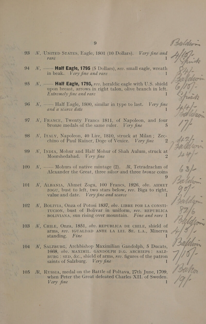 93 94 96 o7 98 59 100 10] 102 103 104 105 AR, 9 UNITED STATES, Eagle, 1801 (10 Dollars). Very fine and rave 1 Half Eagle, 1795 (5 Dollars), rev. small eagle, wreath in beak. Very fine and rare 1   Half Eagle, 1795, rcv. heraldic eagle with U.S. shield upon breast, arrows in right talon, olive branch in left. Extremely fine and rare I] —— Half Eagle, 1800, similar in type to last. Very fine and a scarce date 1 FRANCE, Twenty Francs 1811, of Napoleon, and four Bronze medals of the same ruler. Very fine 5 IraLty, Napoleon, 40 Lire, 1810, struck at Milan; Zec- chino of Paul Rainer, Doge of Venice. Very fine 2 InpiA, Mohur and Half Mohur of Shah Aulum, struck at Moorshedabad. Very fine ve —— Mohurs of native mintage (2). Ax, Tetradrachm of Alexander the Great, three szlver and three bronze coins 9 ALBANIA, Ahmet Zogu, 100 Francs, 1926, obv. AHMET zoGcu, bust to left, two stars below, vev. Biga to right, value and date. Very fine and scarce TucION, bust of Bolivar in uniform, vev. REPUBLICA - BOLIVIANA, sun rising over mountain. fF 7ne and rare 1 CHILE, Onza, 1851, obv. REPUBLICA DE CHILE, shield of standing. Fine 1 SALZBURG, Archbishop Maximilian Gandolph, 5 Ducats, 1668, obv. MAXIMIL. GANDOLPH D.G. ARCHIEPS: SALZ- BURG : SED, &amp;c., shield of arms, vev. figures of the patron saints of Salzburg. Very jine 1 Russia, medal on the Battle of Poltava, 27th June, 1709, when Peter the Great defeated Charles XII. of Sweden. Very fine 1
