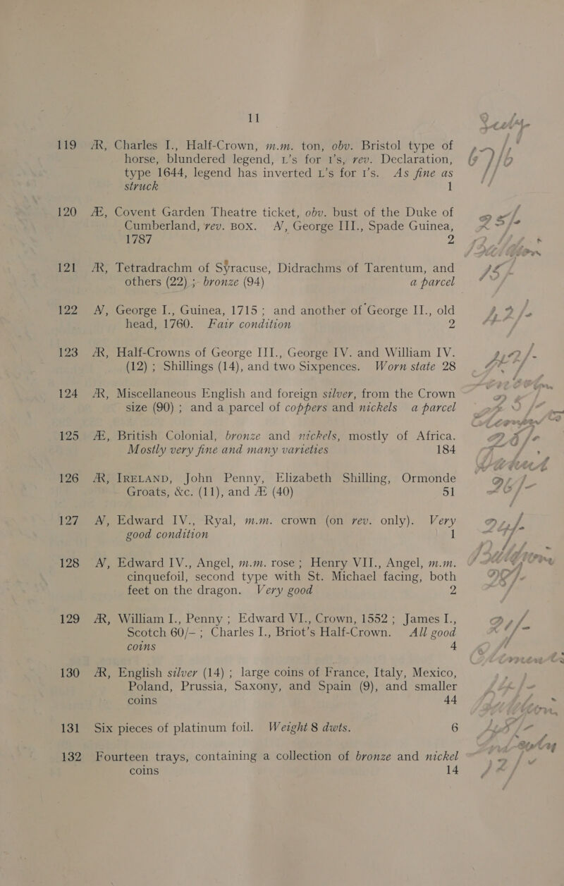 119 120 ie F22 125 126 127 128 129 130 131 132 PR, B a i Charles I., Half-Crown, m.m. ton, obv. Bristol type of horse, blundered legend, L’s for 1’s, vev. Declaration, type 1644, legend has inverted L’s for 1’s. As fine as stvuck 1 Covent Garden Theatre ticket, obv. bust of the Duke of Cumberland, vev. Box. A, George III., Spade Guinea, 1787 2 Tetradrachm of Syracuse, Didrachms of Tarentum, and George I., Guinea, 1715 ; and another of George Teold head, 1760. Fair condition 2 Half-Crowns of George III., George IV. and William IV. (12) ; Shillings (14), and two Sixpences. Worn state 28 Miscellaneous English and foreign szlver, from the Crown size (90) ; and a parcel of coppers and nickels a parcel British Colonial, bronze and wmickels, mostly of Africa. Mostly very fine and many varieties 184 IRELAND, John Penny, Elizabeth Shilling, Ormonde Groats, &amp;c. (11), and 4 (40) 51 Edward IV., Ryal, m.m. crown (on rev. only). Very good condition 1 Edward IV., Angel, m.m. rose; Henry VII., Angel, m.m. cinquefoil, second type with St. Michael facing, both feet on the dragon. Very good 2 William I., Penny ; Edward VI., Crown, 1552 ; James I., Scotch 60/—; Charles I., Briot’s Half-Crown. All good COINS 4 English szlver (14) ; large coins of France, Italy, Mexico, Poland, Prussia, Saxony, and Spain (9), and smaller coins 4 coins 14