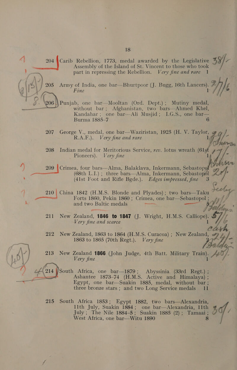 Assembly of the Island of St. Vincent to those who Sar 4 204 @Carib Rebellion, 1773, medal awarded by the Legislative 39/- bios part in repressing the Rebellion. Very jfine and rare , (14, iy 205 Army of India, one bar—Bhurtpoor (J. Bugg, 16th Lancers). Wh ii Fine ) \206 Punjab, one bar—Mooltan (Ord. Dept.); Mutiny medal,  ———— without bar; Afghanistan, two bars—Ahmed Khel, Kandahar ; one bar—Ali Musjid ; Burma 1885-7 6 207 George V., medal, one bar—Waziristan, 1925 (H. V. ee R.AF, Ne Very fine and rare G4. 208 Indian medal for Meritorious Service, vev. lotus wreath (61st , / _ Pioneers). Very fine   rl] 209 | Crimea, four bars—Alma, Balaklava, Inkermann, Sebastopo , (asth DT.) \ Stiinee bars—Alma, Inkermann, Sebastopol eg . (41st Foot and Rifle Bgde.). Edges impressed, fine 210 | China 1842 (H.M.S. Blonde and Plyades); two bars—Taku peelig a Forts 1860, Pekin 1860 ; ae one bar eee and two Baltic medals = I nen fc 211 New Zealand, 1846 to 1847 (J. Wright, H.M.S. Calliope). iY s Very fine and scarce iy 212 New Zealand, 1863 to 1864 (H.M.S. Curacoa) ; New re 1863 to 1865 (70th Regt.). Very fine [aly {\~/ ] 213 New Zealand 1866 (John Judge, 4th Batt. Military ae. Be Very fine , Py, 7} cae Sas south Africa, one bar—1879; Abyssinia (33rd Regt.) ; 7 . — Ashantee 1873-74 (H.M.S. Active and Himalaya) ; ——— Egypt, one bar—Suakin 1885, medal, without bar ; three bronze stars; and two Long Service medals 11 215 South Africa 1853; Egypt 1882, two bars—Alexandria, lith July, Suakin 1884; one bar—Alexandria, 11th July ; The Nile 1884-5; Suakin 1885 (2) ; Tamaai ; West Africa, one bar—Witu 1890 8