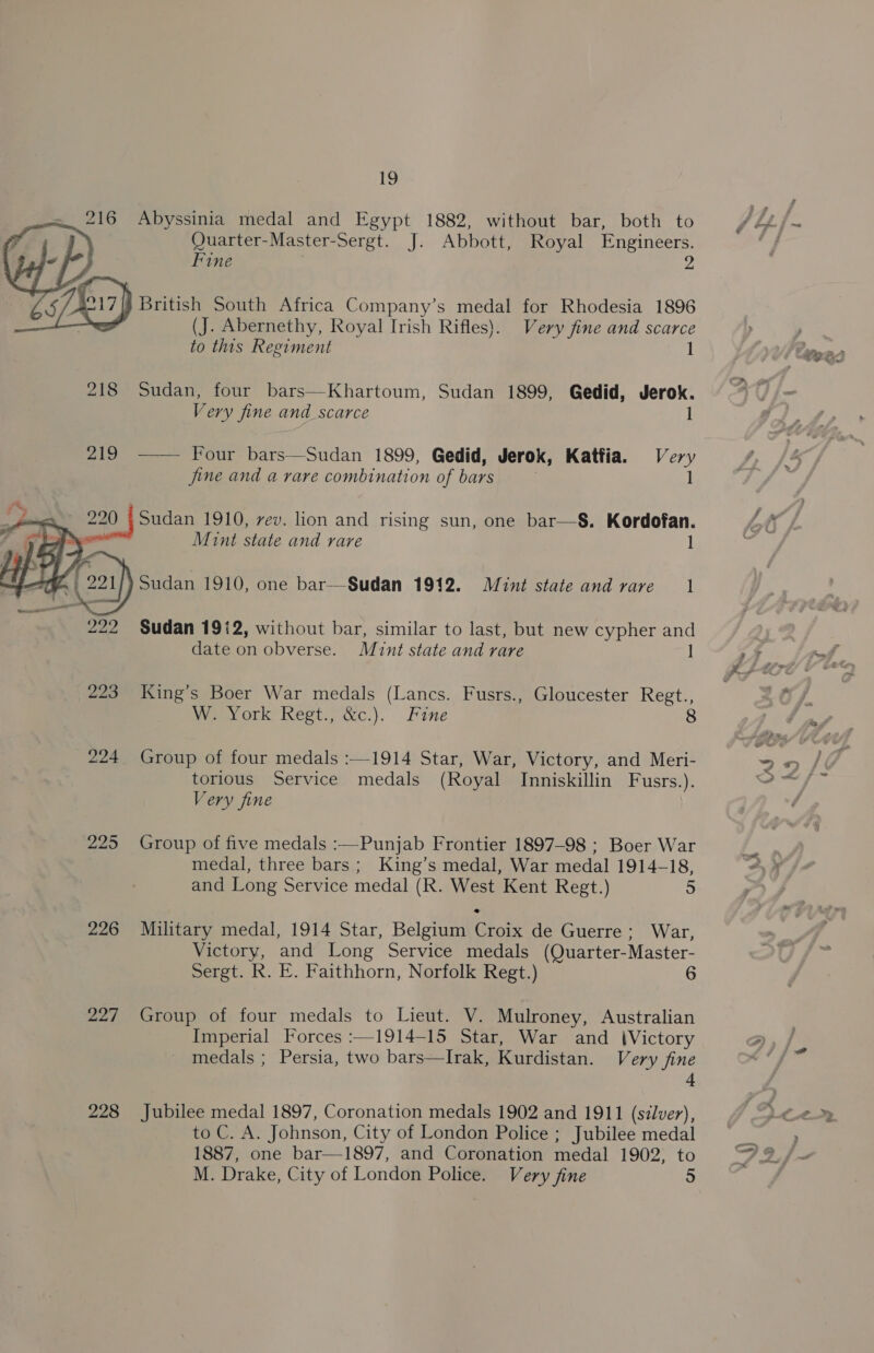 Abyssinia medal and Egypt 1882, without bar, both to Quarter-Master-Sergt. J. Abbott, Royal Engineers.  ) British South Africa Company’s medal for Rhodesia 1896 : (J. Abernethy, Royal Irish Rifles). Very fine and scarce to this Regiment i 218 Sudan, four bars—Khartoum, Sudan 1899, Gedid, Jerok. Very fine and scarce l 219 -—— Four bars—Sudan 1899, Gedid, Jerok, Katfia. Very fine and a rare combination of bars | j Sudan 1910, vev. lion and rising sun, one bar—S§. Kordofan. , Mint state and rare 1 Sudan 1910, one bar—Sudan 1912. Mint state and rare 1  Sudan 1912, without bar, similar to last, but new cypher and date on obverse. Mint state and rare 1 223 King’s Boer War medals (Lancs. Fusrs., Gloucester Regt., We York Rest. &amp;c.)}. Fine 8 224. Group of four medals :—1914 Star, War, Victory, and Meri- torious Service medals (Royal Inniskillin Fusrs.). Very fine 225 Group of five medals :—Punjab Frontier 1897-98 ; Boer War medal, three bars; King’s medal, War medal 1914-18, and Long Service medal (R. West Kent Regt.) 5 226 Military medal, 1914 Star, Belgium Croix de Guerre; War, Victory, and Long Service medals (Quarter-Master- Sergt. R. E. Faithhorn, Norfolk Regt.) 227 Group of four medals to Lieut. V. Mulroney, Australian Imperial Forces :—1914-15 Star, War and tVictory medals ; Persia, two bars—Irak, Kurdistan. Very fine 228 Jubilee medal 1897, Coronation medals 1902 and 1911 (silver), to C. A. Johnson, City of London Police ; Jubilee medal 1887, one bar—1897, and Coronation medal 1902, to M. Drake, City of London Police. Very fine 5 ree