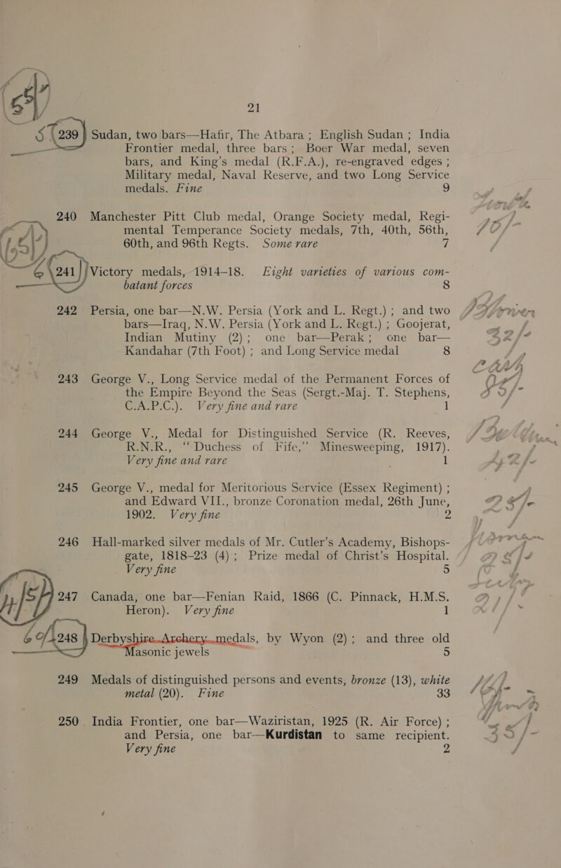 ] “Sk 239 } Sudan, two bars—Hafir, The Atbara; English Sudan ; India Frontier medal, three bars ; Boer War medal, seven bars, and King’s medal (R. F.A.), re-engraved edges ; Military medal, Naval Reserve, and two Long Service medals. Fine 9 240 Manchester Pitt Club medal, Orange Society medal, Regi- Pm gr A mental Temperance Society medals, 7th, 40th, 56th, i c ) 60th, and 96th Regts. Some rare i as y Dan (2a) Ractory medals, 1914-18. Eight varieties of various com- batant forces 8 242 Persia, one bar—N.W. Persia (York and L. Regt.) ; and two bars—lIraq, N.W. Persia (York and L. Regt.) ; Goojerat, Indian Mutiny (2); one bar—Perak ; Kandahar (7th Foot) ; and Long Service medal 8  243 George V., Long Service medal of the Permanent Forces of the Empire Beyond the Seas (Sergt.-Maj. T. Stephens, eet .), Very fine and rare 1 244 George V., Medal for Distinguished Service (R. Reeves, R.N.R., “ Duchess of Fife,’ Minesweeping, 1917). Very fine and rare 1 245 George V., medal for Meritorious Service (Essex Regiment) ; and Edward VII., bronze Coronation medal, 26th June, 1902. Very fine 2 246 Hall-marked silver medals of Mr. Cutler’s Academy, Bishops- gate, 1818-23 (4); Prize medal of Christ’s Hospital. Very fine 5  1 CNe 247 Canada, one bar—Fenian Raid, 1866 (C. Pinnack, H.M.S. Heron). Very fine 1 of. ee cL earner in pemaeen by Wyon (2); and three old a asonic jewels 5 249 Medals of distinguished persons and events, bronze (13), white metal (20). Fine 33 250. India Frontier, one bar—Waziristan, 1925 (R. Air Force) ; and Persia, one bar—Kurdistan to same recipient. Very fine 2