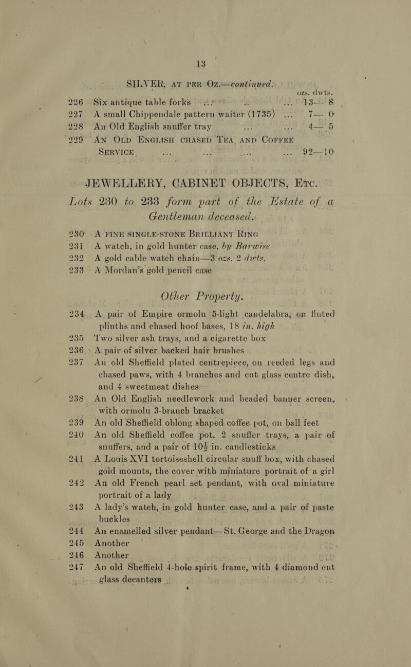 to bor BS kb to. Lo bk ie 2 13 SILVER, av per OZ.—continued: ozs. dwts. A small Chippendale pattern waiter (1735) vs | I= 0 An Old English snuffer tray e53 fe 4G SERVICE Noe i fa A 1 92—10 Gentleman deceased.: A FINE SINGLE-STONE BRILLIANT RING A watch, in gold hunter case, by Barwise A gold cable watch chain—3 ozs. 2 durts. Other Property. A pair of Empire ormolu 5-light candelabra, on fluted plinths and chased hoof bases, 18 in. high © ‘Iwo silver ash trays, and a cigarette box An old Sheffield plated centrepiece, ou reeded legs and chased paws, with 4 branches and cut glass centre dish, and 4 sweetmeat dishes with ormolu 3-branch bracket An old Sheffield oblong shaped coffee pot, on ball feat. An old Sheffield coffee pot, 2 snuffer trays, a pair of snuffers, and a pair of 104 in. candlesticks A Louis XVI tortoiseshell circular snuff box, with chased gold mounts, the cover with miniature portrait of a girl An old French pearl set pendant, with oval miniature portrait of a lady . A lady’s watch, in gold hunter ease, and a pair of paste buckles An enamelled silver pendant—St. George and the Dragon Another Another An old Sheffield 4-hole spirit frame, with 4 diamond ‘cut a