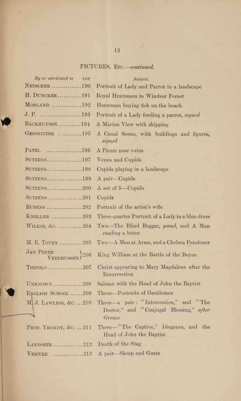   13 By or attributed to LOT INPESOEER 5.000 5s5058 190 BP UINCKER eh bon c: 191 PRE OR EADS 205 555s shen cs Foe cf SRR a aD eae 193 IBACKHUYSEN ..50..000.0: 194 GUISSNITZER: ice coo 195 Pe AMER materi hos file carer 196 WIEAENG Hon Nine css. O7. UMARNG Scat es 198 SUE N Suita. Sowing en s4s 199 RWENS soa excuse ccs 200 PRU ZN Sofie eis ycacs cus es 201 ee BING Soe niccdnacla se 202 TENBUEBR -5.......... 65. 203 ASSN Oe 0 0 ae 204 Me ROWEMG. 5 6A 205 JAN PETER \ és VERDRUSSEN J ~ A PGIE Ovaictai Fit vin falas nes 207 BUPSKNOWN : .-&lt;ce000s ut es 208 ENGLISH SCHOOL ...... 209 u J.-LAWLESS, &amp;c. ...210 i ROE RONDY, &amp;C.. 52.214 SRS 0) 1 a Deo, EUV EB) cl, costs coves se DAS: Subject. Portrait of Lady and Parrot in a landscape Royal Huntsmen in Windsor Forest: Horseman buying fish on the beach Portrait of a Lady feeding a parrot, segned A Marine View with shipping A Canal Scene, with buildings and figures, signed A Pienie near ruins Venus and Cupids Cupids playing in a landscape A pair—-Cupids A set of 5—Cupids Cupids Portrait of the artist’s wife Three-quarter Portrait of a Lady ina blue dress Two—The Blind Beggar, panel, and A Man reading a letter Two—A Man at Arms, and a Chelsea Pensioner King William at the Battle of the Boyne Christ appearing to Mary Magdalene after the Resurrection Salome with the Head of John the Baptist Three—Portraits of Gentlemen 66 The 6¢ ° . Doctor,” and ~ Conjugal Blessing,” after Greuze ° 66 . Three—a pair: Intercession,” and Three— The Captive,” Diogenes, and the Head of John the Baptist Death of the Stag A pair—Sheep and Goats