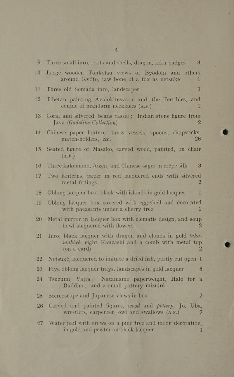 4 Three small inro, roots and shells, dragon, kiku badges 3 Large wooden Tonkotsu views of Bydédoin and_ others around Kyoto, jaw bone of a fox as. netsuké 1 Three old Somada inro, landscapes 3 Tibetan painting, Avalokitesvara and the Terribles, and couple of mandarin necklaces (A.F.) 1 Coral and silvered beads tassel; Indian stone figure from Java (Gadelius Collection) 2 Chinese paper lantern, brass vessels, spoons, chopsticks, match-holders, &amp;c. 26 Seated figure of Masako, carved wood, painted, on chair (A.F.) Three kakemono, Aizen, and Chinese sages in crépe silk 3 Two lanterns, paper in red lacquered ends with silvered metal fittings 2 Oblong lacquer box, black with islands in gold lacquer 1 Oblong lacquer box covered with egg-shell and decorated with pheasants under a cherry tree 1 Metal mirror in lacquer box with clematis design, and soup bowl lacquered with flowers 2 Inro, black lacquer with dragon and clouds in gold taka- makiyé, eight Kanzashi and a comb with metal top (on a card) 2 Netsuké, lacquered to imitate a dried fish, partly cut open 1 Five oblong lacquer trays, landscapes in gold lacquer 5 Tsuzumi, Vajra; Natamame paperweight, Halo for a Buddha; and a small pottery mizuiré Stereoscope and Japanese views in box 2 Carved and painted figures, wood and pottery, Jo, Uba, wrestlers, carpenter, owl and swallows (A.F.) 7 Water pail with crows on a pine tree and moon decoration,