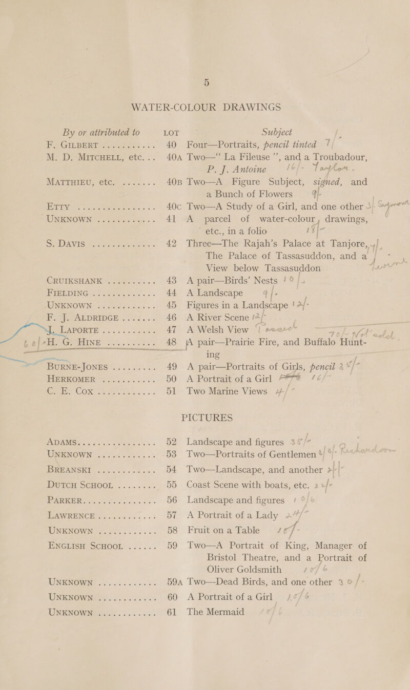 CRUIKSHANK oUt)... 43 A pair—Birds’ Nests /° | FRB E DING ct Settee ss 44 A Landscape q | ; AMINO W Nes o. Gitwats 4. 45 Figures ina a ta- | i Sean DRMDEE 20/2 ..4 46 A River Scene /%/ ae DS ee Beet eee 47 A Welsh View ‘| ss2+e* 9 he WPS -H. G. Hine .......... 48 |A pair—Prairie Fire, and Builalo| iin al = fe alae Ke : BuRNE-JONES pean be 49 &lt;A pair—Portraits of Girls, pencil 2°/* PPPEROMER 7... . 56.) 50 A Portrait of a Girl 978 /¢/ atl SO ee i rr 51 Two Marine Views +4 PICTURES TSU 1 Sa BPR. oer 52 Landscape and figures 35 - Wie OWN ae Aree... .53 Two—Portraits of Gentlemen * Pe AINSI aes eee ok 54 Two—Landscape, and another &gt;!) Dutcu ScHooL ......... 55 Coast Scene with boats, etc. 2+/- Be MGR eee cs bs 56 Landscape and figures PAWRENCH 2... .....: 57 &lt;A Portrait ofa Lady 27/7 / WN EINGNING TE ts SS ae 58 Fruit on a Table ed ENGIIGH ScHOOL’.....’. 59 Two—A Portrait of King, Manager of ee 5 WATER-COLOUR DRAWINGS By or attributed to TO Subject  View below Tassasuddon Bristol Theatre, and a Portrait of Oliver Goldsmith WNENGWH oo... ace es 59a Two—Dead Birds, and one other 3 © /: WUNEINGWwiee. 6. sel 60 A Portrait of a Girl Oh” | 61 The Mermaid Fo GiWvErn ie ets... 40 Four—Portraits, pencil tinted 7, M. D. MITCHELL, etc... 40a Two—* La Fileuse ’’, and a Troubadour, P. J. Antowne 1e/- Porth . NEAPTHIEU, ClGe acco... - 408 Two—A Figure Subject, signed, and a Bunch of Flowers q/- | ETT ee) a5 6g a a 40c Two—A Study of a Girl, and one other 3) “yr” UNKNOWN ©. 2 eas aus. 41 A parcel of water-colour, drawings, | euc., im 2 foo = 1$}- SANS) or eee 42 Three—The Rajah’s Palace ag Tanjore, ,/