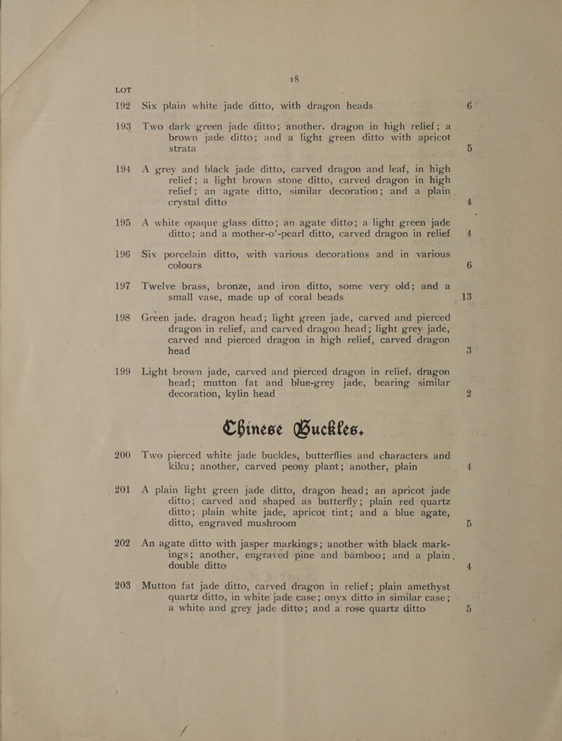 192 193 194 195 196 19% 198 199 200 201 202 203 18 Six plain white jade ditto, with dragon heads Two dark green jade ditto; another, dragon in high relief; a strata A grey and black jade ditto, carved dragon and leaf, in high relief; a light brown stone ditto, carved dragon in high relief; an agate ditto, similar decoration; and a plain crystal ditto ! A white opaque glass ditto; an agate ditto; a light green jade ditto; and a mother-o’-pearl ditto, carved dragon in relief Six porcelain ditto, with various decorations and in various colours Twelve -brass, bronze, and iron ditto, some very old; and a small vase, made up of coral beads Green jade, dragon head; light green jade, carved and pierced dragon in relief, and carved dragon head; light grey jade, carved and pierced dragon in high relief, carved dragon head Light brown jade, carved and pierced dragon in relief, dragon head; mutton fat and blue-grey jade, bearing similar decoration, kylin head Chinese Wuckles, Two pierced white jade buckles, butterflies and characters and kiku; another, carved peony plant; another, plain A plain light green jade ditto, dragon head; an apricot jade ditto; carved and shaped as butterfly; plain red quartz ditto; plain white jade, apricot tint; and a blue agate, ditto, engraved mushroom An agate ditto with jasper markings; another with black mark- double ditto Mutton fat jade ditto, carved dragon in relief; plain amethyst quartz ditto, in white jade case; onyx ditto in similar case; a white and grey jade ditto; and a rose quartz ditto