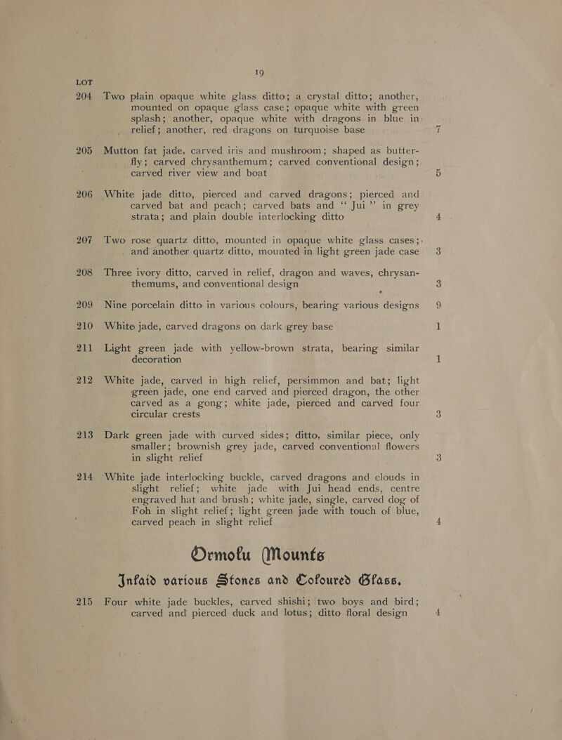 204 206 207 208 210 211 212 213 214 215 19 Two plain opaque white glass ditto; a crystal ditto; another, mounted on opaque glass case; opaque white with green relief; another, red dragons on turquoise base Mutton fat jade, carved iris and mushroom; shaped as butter- fly; carved chrysanthemum; carved conventional design; carved river. view and boat White jade ditto, pierced and carved dragons; pierced and carved bat and peach; carved bats and “‘ Jui’’ in grey strata; and plain double interlocking ditto _ and another quartz ditto, mounted in light green jade case Three ivory ditto, carved in relief, dragon and waves, chrysan- themums, and conventional design e Nine porcelain ditto in various colours, bearing various designs White jade, carved dragons on dark grey base Light green jade. with yellow-brown strata, bearing similar decoration White jade, carved in high relief, persimmon and bat; light green jade, one end carved and pierced dragon, the other carved as a gong; white jade, pierced and carved four circular crests Dark green jade with curved sides; ditto, similar piece, only smaller; brownish grey jade, carved conventional flowers in slight relief | 3 slight relief; white jade with Jui head ends, centre engraved hat and brush; white jade, single, carved dog of Foh in slight relief; light green jade with touch of blue, carved peach in slight relief Ormofu Mounts ‘Infatd various Stones and Cofoured Glass, Four white jade buckles, carved shishi; two boys and. bird; carved and pierced duck and lotus; ditto floral design =~jJ [v3 |