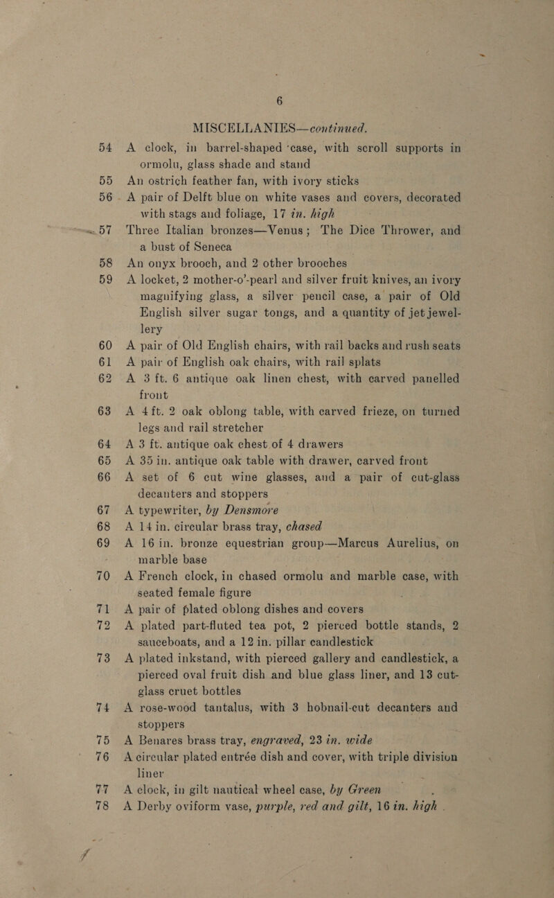 61 62 77 78 6 MISCELLANIES—continued. A clock, in barrel-shaped ‘case, with scroll supports in ormolu, glass shade and stand An ostrich feather fan, with ivory sticks with stags and foliage, 17 in. high Three Italian bronzes—Venus; The Dice Thrower, and a bust of Seneca An onyx brooch, and 2 other brooches A locket, 2 mother-o’-pearl and silver fruit knives, an ivory magnifying glass, a silver pencil case, a pair of Old English silver sugar tongs, and a quantity of jet jewel- lery A pair of Old English chairs, with rail backs and rush seats A pair of English oak chairs, with rail splats A 3 ft. 6 antique oak linen chest, with carved panelled front A 4ft. 2 oak oblong table, with carved frieze, on turned legs and rail stretcher A 3 ft. antique oak chest of 4 drawers A 35 in. antique oak table with drawer, carved front A set of 6 cut wine glasses, and a pair of cut-glass decanters and stoppers A typewriter, by Densmore A 14 in. circular brass tray, chased A 16in. bronze equestrian group—Marcus Aurelius, on marble base . , A French clock, in chased ormolu and marble case, with — seated female figure A pair of plated oblong dishes and covers A plated part-fluted tea pot, 2 pierved bottle shale 2 sauceboats, and a 12 in. pillar candlestick A plated inkstand, with pierced gallery and candlestick, a pierced oval fruit dish and blue glass liner, and 13 cut- glass cruet bottles A rose-wood tantalus, with 3 hobnail-cut decanters and stoppers . A Benares brass tray, engraved, 23 in. olde A circular plated entrée dish and cover, with triple division liner A clock, in gilt nautical wheel case, by Green A Derby oviform vase, purple, red and gilt, 16 in. high