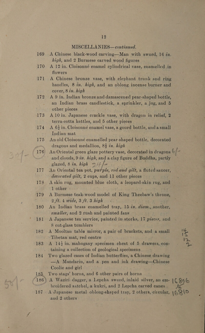 169 170 171 172 173 12 MISCELLANIES— continued. A Chinese black-wood carving—Man with sword, 16 zn. high, and 2 Burmese carved wood figures A 12 in. Cloisonné enamel cylindrical vase, enamelled .in flowers A Chinese bronze vase, with elephant pants and ring handles, 8 7m. high, and an oblong. incense burner and cover, 8 2n. high A 9 in. Indian bronze and A aitenet pear- shaped hottle, an Indian brass candlestick,.a sprinkler, a jug, and 5 other pieces -. A 10in. Japanese crackle vase, with ae in roier 2 terra-cotta kettles, and 5 other pieces | A 64 in. Cloisonné enamel vase, a gourd bottle, and a small Indian mat An old Cloisonné enamelled pear-shaped bottle, decorated dragons and medallion, 84 zn. high An Oriental green glaze pottery vase, decorated in dragons and clouds, 92n. high, and a clay figure of Buddha, partly glazed, 8 in. high @/<, ‘An Oriental tea pot, putple, red aud gilt, a fluted saucer, decorated gilt, 2 cups,-and 11 other pieces . A skin rug, mounted Blue sree a leopard-skin rug, and -1 other - | et A Burmese teak-wood model of King Theebaw’s throne, 2 ft. 4 wide, 3 ft. 3 high c An Indian brass enamelled tray, 1542; diam. , another, smaller, and 2 rush and painted fans : A Japanese tea service, painted in.storks, 17 pieces, and 8 cut-glass tumblers A Mooltan table mirror, a pair of brackets, and a small Tibetan mat, red centre A 144 in. mahogany specimen.chest of 5 drawers, con- taining a collection of geological specimens Two glazed cases of Indian butterflies, a Chinese drawing —A Mandarin, and a pen and ink drawing—Chinese Coolie and girl | Two stags’ horns, and 6 other pairs of horns broidered satchel, a kukri, and 2 Lepcha carved canes . and 2 others a0 OXtiire,, a. a 42 , oa