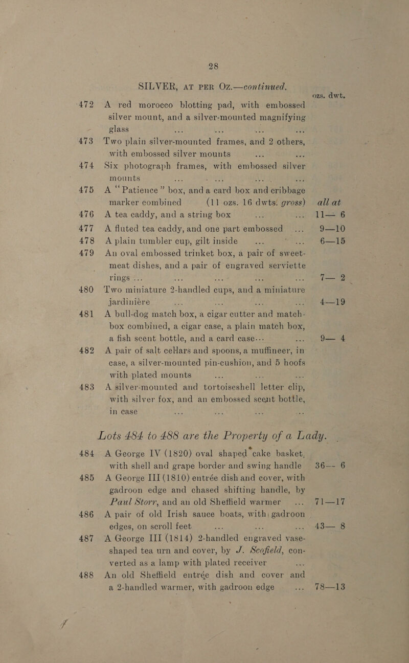472 480 481 482 483 484 485 486 487 488 28 SILVER, at PER Oz.—continued. A red morocco blotting pad, with embossed glass { Two plain silver Soimted es saaee xthoaae with embossed silver mounts nag Six photograph frames, with embossed silver ee ee A “Patience” box, a a cae box ae ai snie marker combined (11 ozs. 16 dwts. gross) A tea caddy, and a string box A fluted tea caddy, and one part embossed A plain tumbler cup, gilt inside An oval embossed trinket box, a pair of sweet- meat dishes, and a pair of engraved serviette rings. ed as re det Two miniature 2-handled cups, and a miniature jardiniére A bull-dog match box, a cigar cutter na jaatane box combined, a cigar case, a plain match box, a fish scent bottle, and a card case... ie A pair of salt cellars and spoons, a muffineer, in case, a silver-mounted pin-cushion, and 5 hoofs with plated mounts A. silver-mounted and nie eeurel letter ie with silver fox, and an embossed scent bottle, in case A George IV (1820) oval shaped cake basket, with shell and grape border and swing handle A George III (1810) entrée dish and cover, with gadroon edge and chased shifting handle, by Paul Storr, and an old Sheffield warmer A pair of old Irish sauce boats, with, gadroon edges, on scroll feet ee # A George III (1814) 2-handled engraved vase- shaped tea urn and cover, by J/. Scofield, con- verted as a lamp with plated receiver ae An old Sheffield entrée dish and cover and a 2-handled warmer, with gadroon edge ozs. dwt. all at 11+ 6 9—10 6—15. (2 4.2219 9— 4 36-- 6 71—17 43— 8 78—13