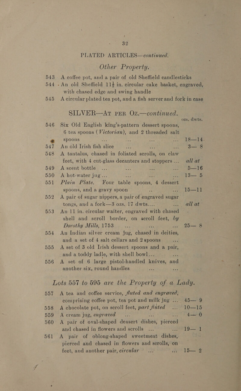 ¢ 32 PLATED ARTICLES—continued. Other Property. 543 A coffee pot, and a pair of old Sheffield candlesticks 544 .An old Sheffield 114 in. circular cake basket, engraved, with chased edge and swing handle 545 A circular plated tea pot, and a fish server and fork in case SILVER—AtT PER Oz.—continued. ozs. dwts. 546 Six Old English king’s-pattern dessert spoons, 6 tea spoons ( Victorian), and 2 threaded salt @ spoons ei sas .. 18—14. 547 An old Irish fish lies ie . 8— 8 548 A tantalus, chased in foliated seibtle on ie feet, with 4 cut-glass decanters and stoppers... all at 549 Ascent bottle... at ie .. o—16 550 A hot-water jug. 6.8 LGB 551° Plain Plate. Pout anle spoons, Sy dessert spoons, and a gravy spoon Ha .. 1ld—11 552 <A pair of sugar nippers, a pair of engraved sugar tongs, and a fork—3 ozs. 17 dwts.. all at 553 An LI in. circular waiter, engraved with shaaed shell and scroll border, on scroll feet, by Dorothy Mills, 1753 ae 25 —8 554 An Indian silver cream jug, chased in deities, and a set of 4 salt cellars and 2 spoons 555 <A set of 3 old Irish dessert spoons and a pair, and a toddy ladle, with shell bowl... A 556 A set of 6 large pistol-handled knives, and another six, round handles Lots 557 to 595 are the Property of a Lady. 557 <A tea and coffee service, fluted and engraved, comprising coffee pot, tea pot and milk jug .... 45— 9 558 <A chocolate pot, on scroll feet, part fiuted ... 10—15 559 A cream jug, engraved... eae S| 560° <A pair of oval-shaped dessert aikhieu! pierced and chased in flowers and scrolls... e219 — | 561 <A pair of oblong-shaped sweetmeat dishes,. pierced and chased in flowers and scrolls, on feet, and another pair, circular... se? 1 5—9g