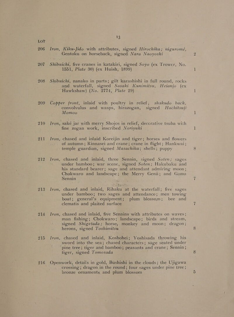 206 207 208 209 210 211 212 213 214 215 216 13 Iron, Kiku-Jido with attributes, signed Hirochika; niguromeé, Gentoku on horseback, signed Nara Naoyoshi Shibuicht, five cranes in katakiri, signed Soyo (ex Trower, No. 1551, Plate 30) (ex Huish, 1899) Shibuicht, nanako in parts; gilt karashishi in full round,. rocks and waterfall, signed Sasaki Kunimitsu, Heianjo (ex Hawkshaw) (No. 2774, Plate 29) Copper front, inlaid with poultry in relief, shakudo_ back, ~ convolvulus and wasps, hirazogan, signed Hachitsuji Momoo Iron, saké jar with merry Shojos in relief, decorative tsuba with fine zogan work, inscribed Noriyuki Ivon, chased and inlaid Koreijin and tiger; horses and flowers of autumn; Rinnasei and crane; crane in flight; Hankwai; temple guardian, signed Masachika; shells; puppy Iron, chased and inlaid, three Sennin, signed Soten; sages under bamboo; war scene, signed Soten; Hakubaku and his standard bearer; sage and attendant admiring moon; Chokwaro and landscape; the Merry Genii; and Gama Sennin ) ca ites Iron, chased and inlaid, Rihaku at the waterfall; five sages under bamboo; two sages and attendance; men towing boat; general’s equipment; plum blossom; bee and clematis and plaited surface Ivon, chased and inlaid, five Sennins with attributes on waves; man fishing; Chokwaro; landscape; birds and stream, signed Shigetada; horse, monkey and moon; dragon; herons, signed Toshimitsu Ivon, chased and inlaid, Koshohei; Yoshisada throwing his sword into the sea; chased characters; sage seated under ‘pine tree; tiger and bamboo; peasants and crane; Sennin; tiger, signed Tomosada eae Openwork, details in gold, Bushishi in the clouds; the Ujigawa crossing; dragon in the round; four sages under pine tree; bronze ornaments and plum blossom