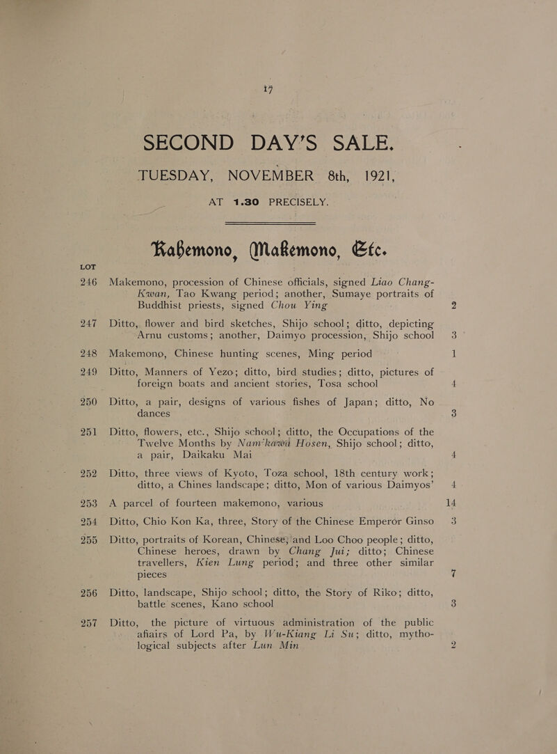 246 17 SECOND DAY’S SALE. TUESDAY, NOVEMBER 8th, 1921, AT 1.30 PRECISELY. Kabemono, MNakemono, Etc. Makemono, procession of Chinese officials, signed Liao Chang- Kwan, Tao Kwang period; another, Sumaye Bas tiays of Buddhist priests, signed Chou Ving Ditto, flower and bird sketches, Shijo school; ditto, depicting Arnu customs; another, Daimyo procession, Shijo school Makemono, Chinese hunting scenes, Ming period Ditto, Manners of Yezo; ditto, bird studies; ditto, pictures of foreign boats and ancient stories, Tosa school Ditto, a pair, designs of various fishes of Japan; ditto, No dances Ditto, flowers, etc., Shijo school; ditto, the Occupations of the Twelve Months by Nam*kawa Hosen, Shijo school; ditto, a pair, Daikaku Mai Ditto, three views of Kyoto, Toza school, 18th century work; ditto, a Chines landscape; ditto, Mon of various Daimyos’ A parcel of fourteen makemono, various ) Ditto, Chio Kon Ka, three, Story of the Chinese Emperor Ginso Ditto, portraits of Korean, Chinese}’and Loo Choo people; ditto, Chinese heroes, drawn by Chang Jui; ditto; Chinese travellers, Kien Lung period; and three other similar pieces Ditto, landscape, Shijo school; ditto, the Story of Riko; ditto, battle scenes, Kano school Ditto, the picture of virtuous administration of the public afiairs of Lord Pa, by Wu-Kiang Li Su; ditto, mytho- logical subjects after Lun Min M4