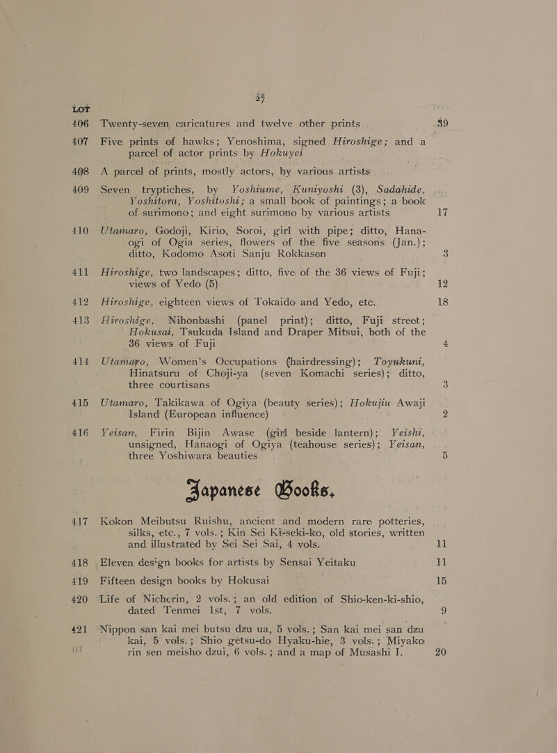 406 407 408 409 410 41] 412 413 414 415 416 ALT 27 Twenty-seven. caricatures and twelve other prints parcel of actor prints by Hokuyet A parcel of prints, mostly actors, by various artists Seven tryptiches, by Yoshiume, Kuniyoshi (3), Sadahide, Yoshitora, Yoshitosht; a small book of paintings; a book of surimono; and eight surimono by various artists Utamaro, Godoji, Kirio, Soroi, girl with pipe; ditto, Hana- ogi of Ogia series, flowers of the five seasons (Jan.); ditto, Kodomo Asoti Sanju Rokkasen Hiroshige, two landscapes; ditto, five of the 36 views of Fuji; views of Yedo (5) Hiroshige, eighteen views of Tokaido and Yedo, etc. Hiroshige, Nihonbashi (panel print); ditto, Fuji street; | Hokusai, Tsukuda Island and Draper Mitsui, both of the 36 views of Fuji Utamaro, Women’s Occupations (hairdressing); Toyukuni, Hinatsuru of Choji-ya (seven Komachi series); ditto, three courtisans Utamaro, Takikawa of Ogiya (beauty series); Hokujiu Awaji Island (European influence) Yeisan, Firin Bijin Awase (girl beside lantern); Yeishi, unsigned, Hanaogi of Ogiya (teahouse series); Yeisan, three Yoshiwara beauties Japanese Books, Kokon Meibutsu Ruishu, ancient and modern rare potteries, - silks, etc., 7 vols.; Kin Sei Kt-seki-ko, old stories, written and illustrated by Sei Sei Sai, 4 vols. Fifteen design books by Hokusai Life of Nichcrin, 2 vols.; an old edition of Shio-ken-ki-shio, dated Meamei 1st; # <vols kai, 5 vols.; Shio getsu- -do Hyaku- ‘hie, 3 vols. ; Miyako rin sen meisho dzui, 6 vols. ; and a map of Musashi I. 17 12 18 I] 15 20